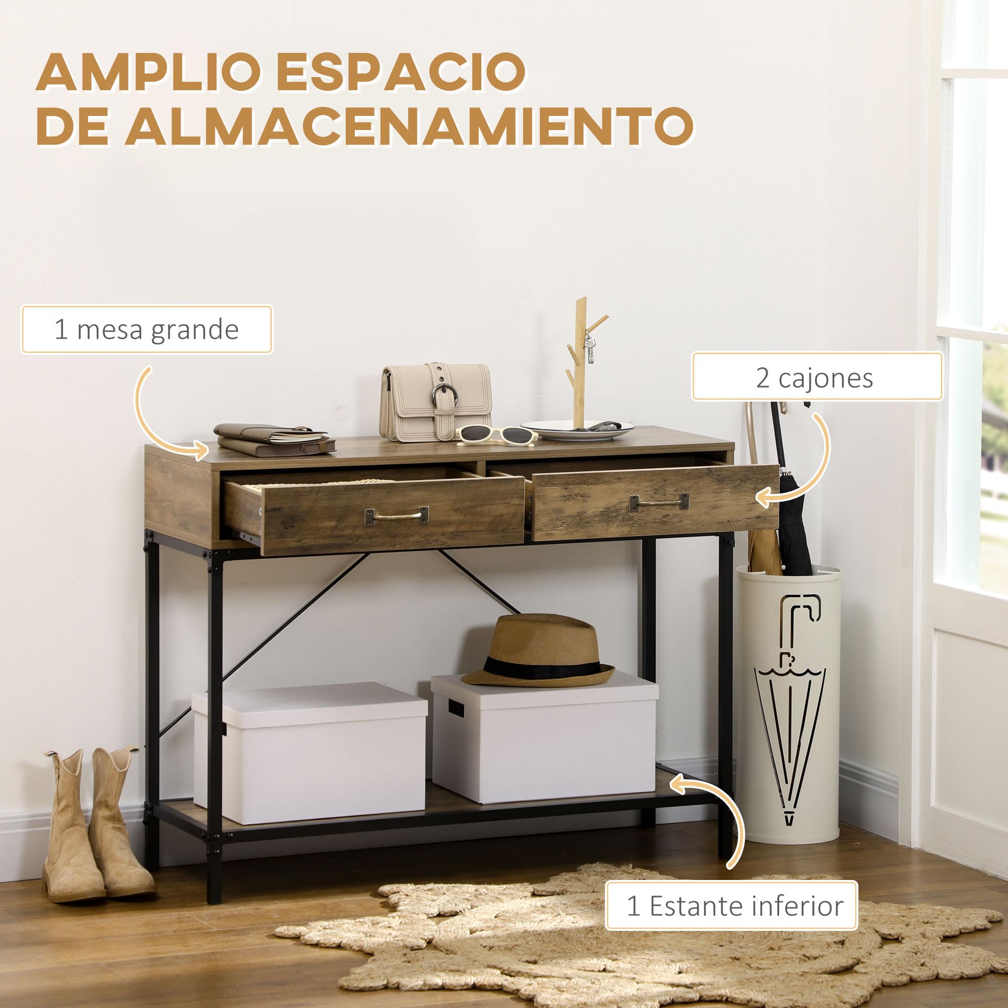 HOMCOM Mesa de Consola Industrial con 2 Cajones y Estante, Marrón y Negro | Mesa de Sofá, Consola Recibidor, Patas de Metal, para Salón, Pasillo, Entrada