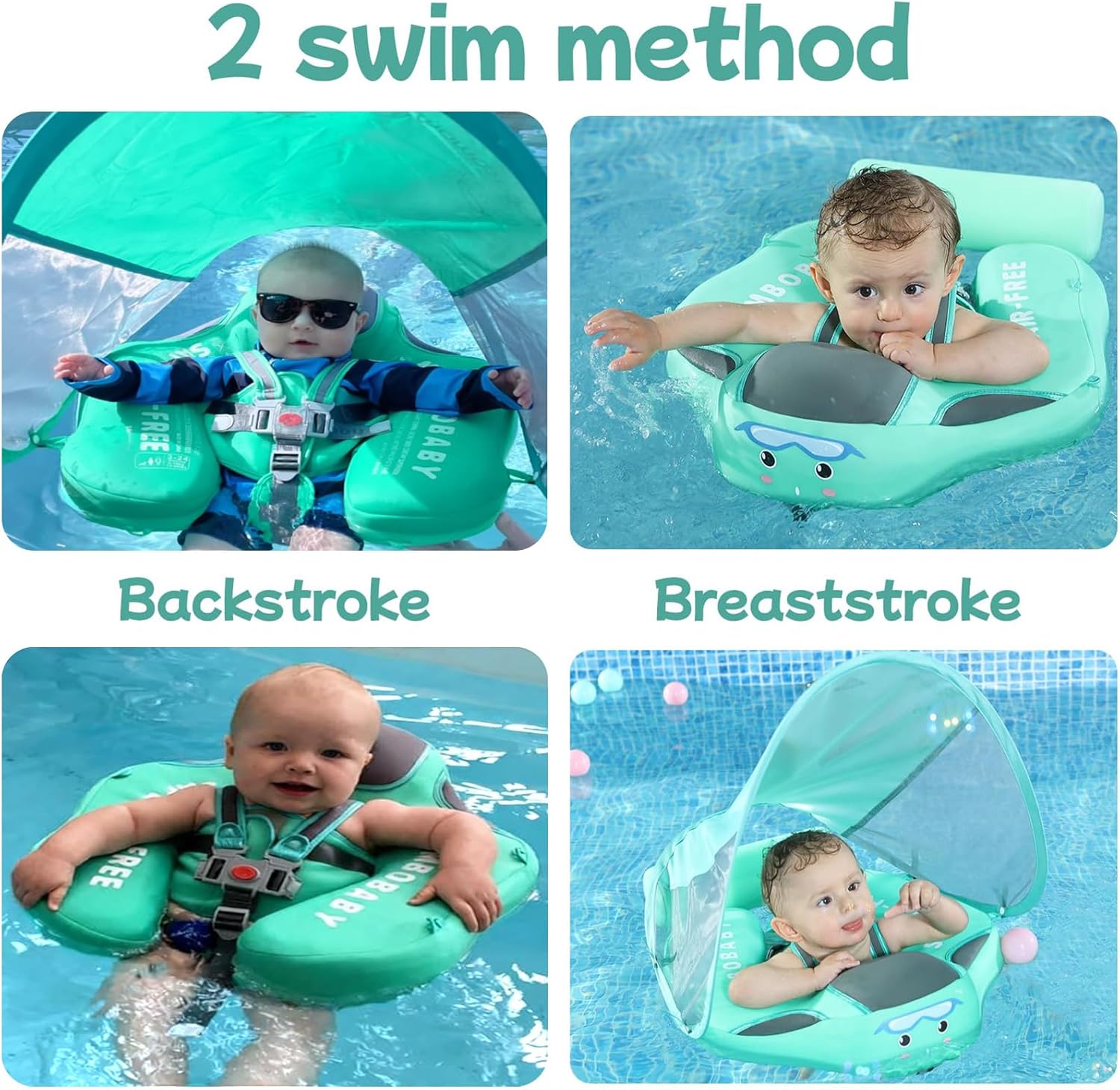 Mambobaby Float Add Tail No Flip Over Non-Inflatable Baby Swim Float Pearl Foam Solid Water Floats Smart Swim Trainer Infant Pool Float Swim Ring with Sun Canopy