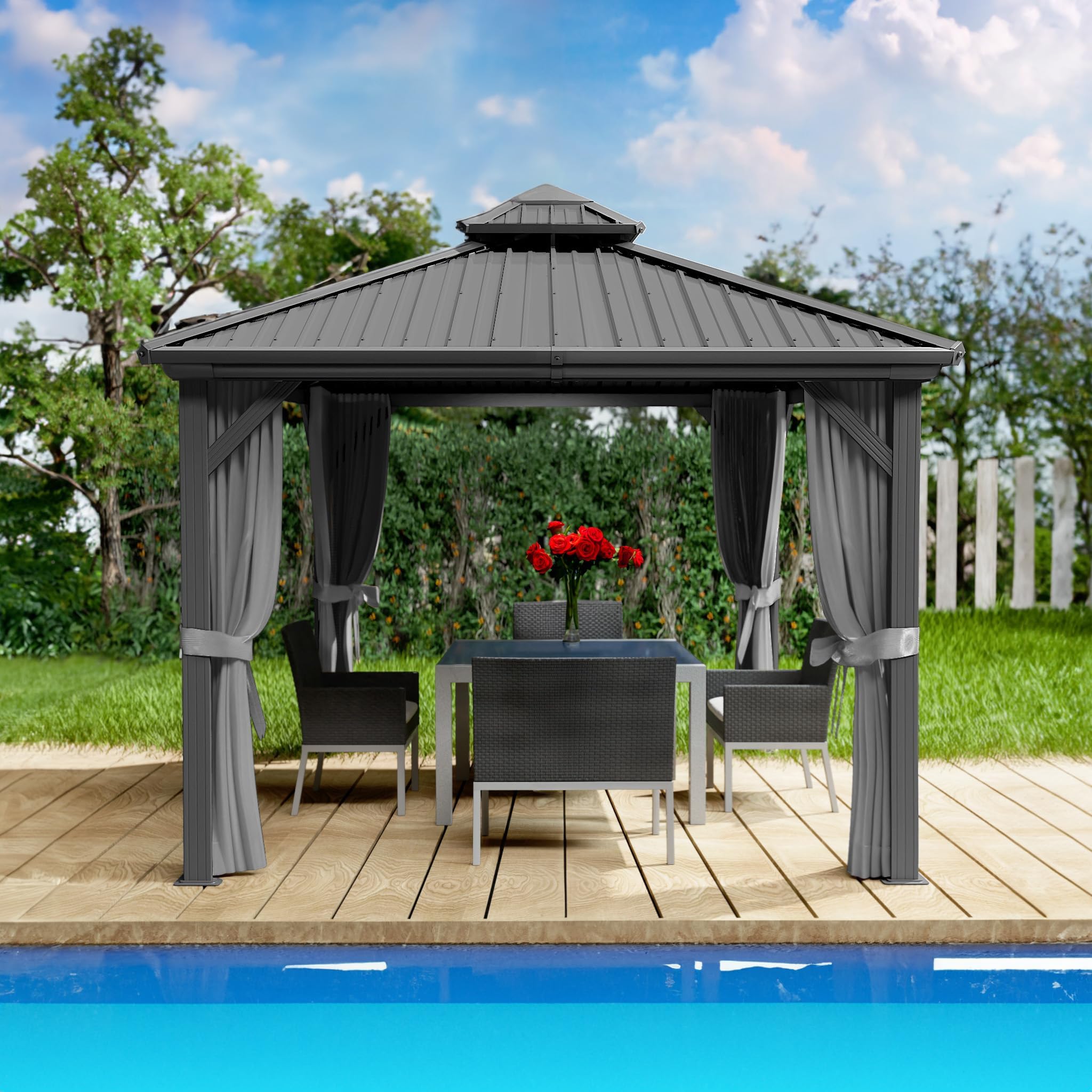 Kozyard Caesar 10'x10' Hardtop Gazebo - Permanent Metal Pavilion with Netting and Shaded Curtains for Patio, Backyard, and Deck - Galvanized Steel Outdoor Aluminum Canopy, Double Roof Gazebo (Grey)