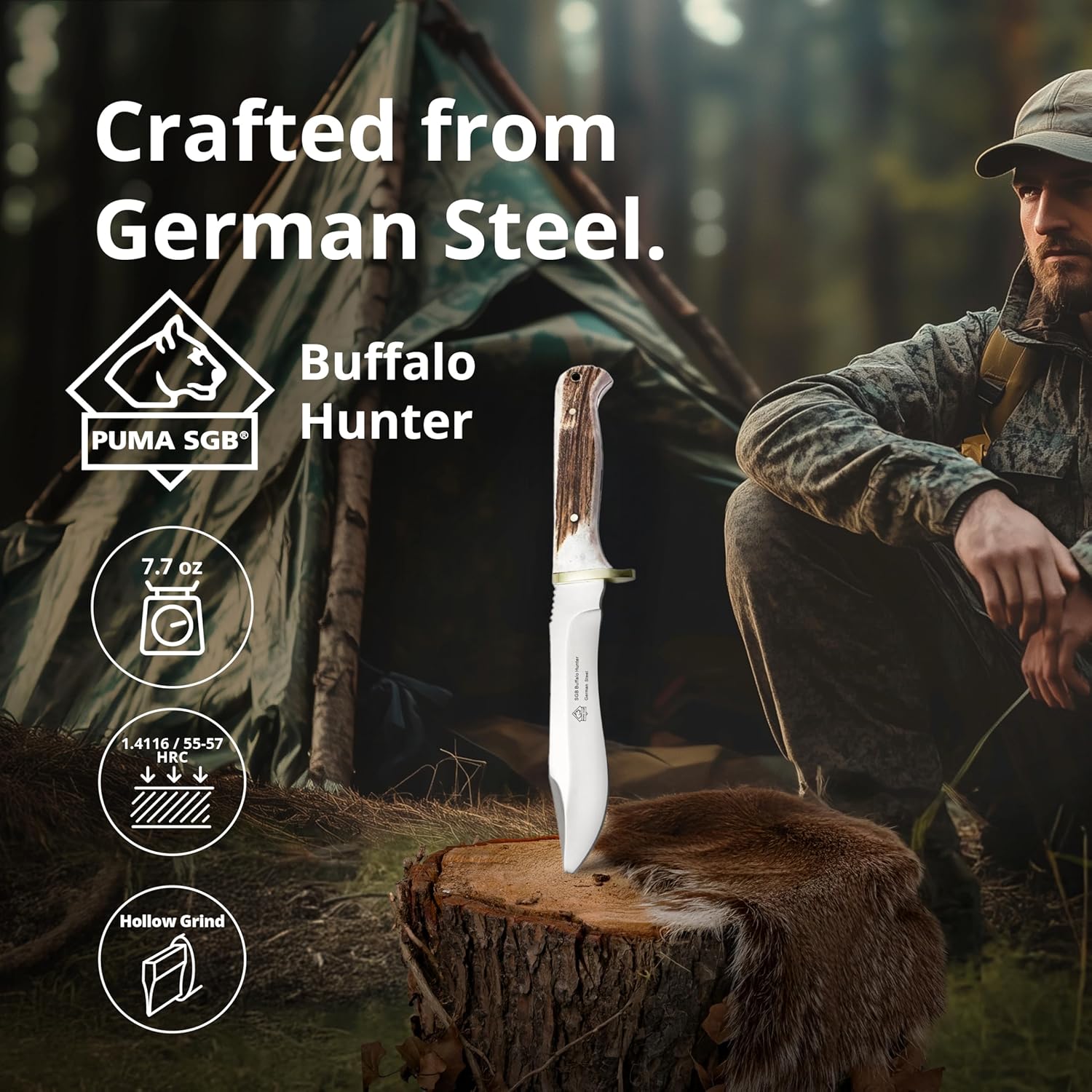 PUMA SGB – Buffalo Hunter - Hunting Knife with Genuine Stag Handle – Handmade from German 1.4116 Steel – 5.7” Fixed Blade – Full Tang – Includes High Quality Leather Sheath
