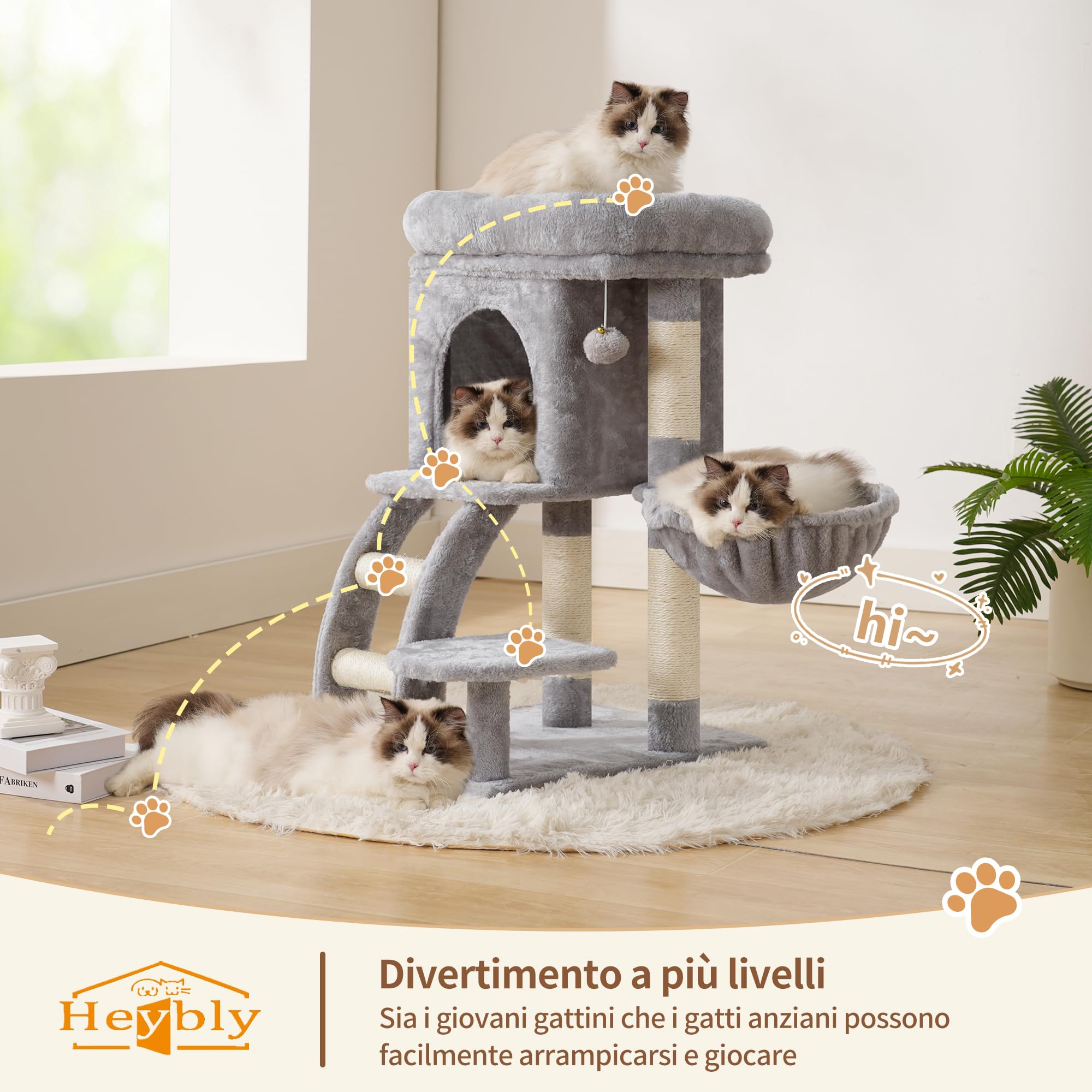 Heybly Albero Tiragraffi Per Gatti, Tiragraffi Piccolo Per Gatti Alto 75 cm Con Piattaforma Superiore, Tana, Amaca, Scala Di Arrampicata, Gioco da Gatto, Mobile da Gatto, Grigio Chiaro HCT009SW