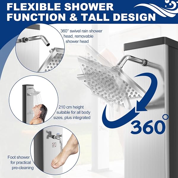 UISEBRT Solardusche 40 Liter mit Schutzhaube und 360° Duschkopf,Gartendusche einstellbare Temperatur bis 60°C,Pooldusche mit Fußdusche für Garten, Camping und Außenbereich,Silber - 4