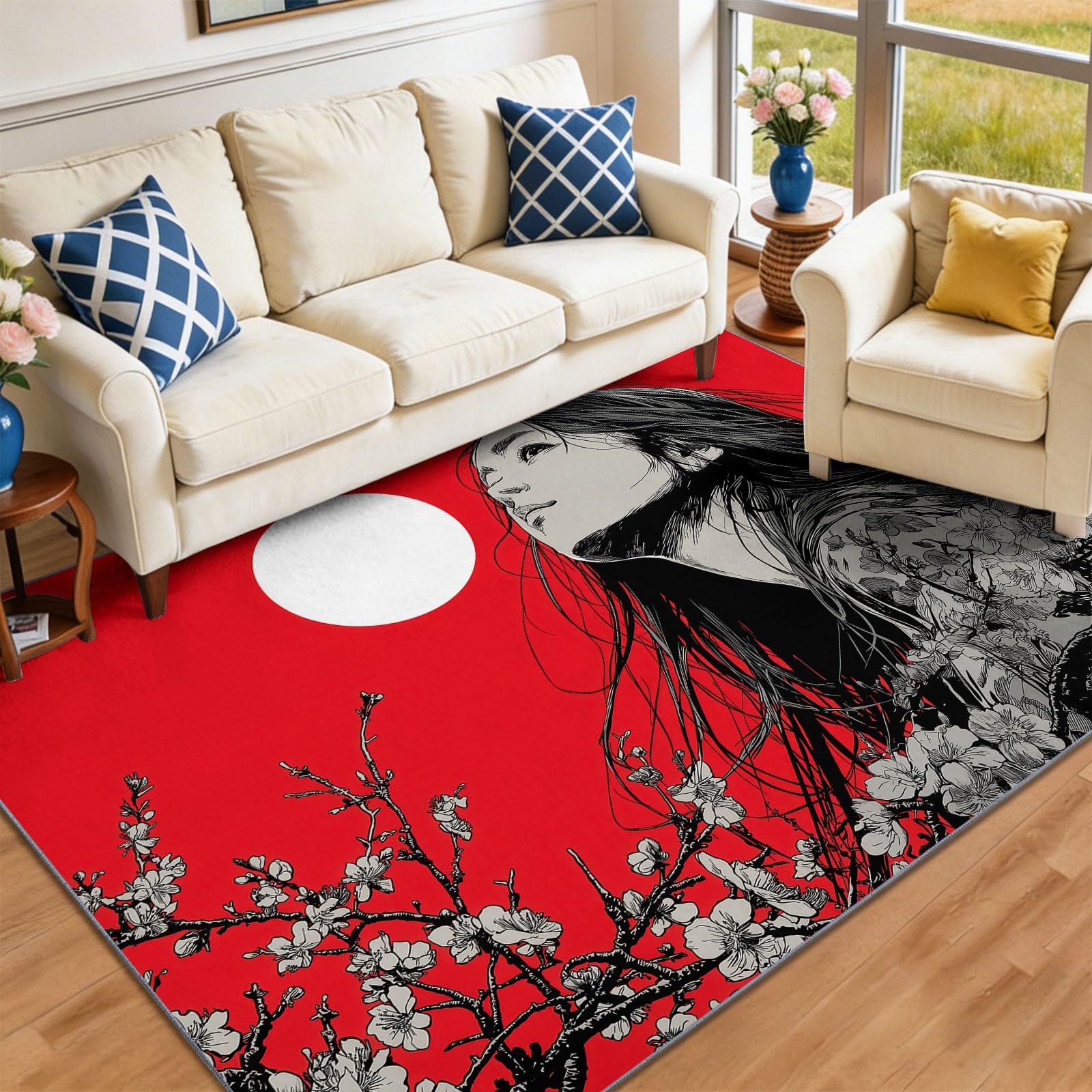 Dywan do salonu, 120 x 170 cm, tradycyjny orientalny anime dziewczęcy kwiatowy dywan miękki dywan z krótkim włosiem, zmywalny i antypoślizgowy, odporny na plamy do salonu, sypialni, biura, czerwony