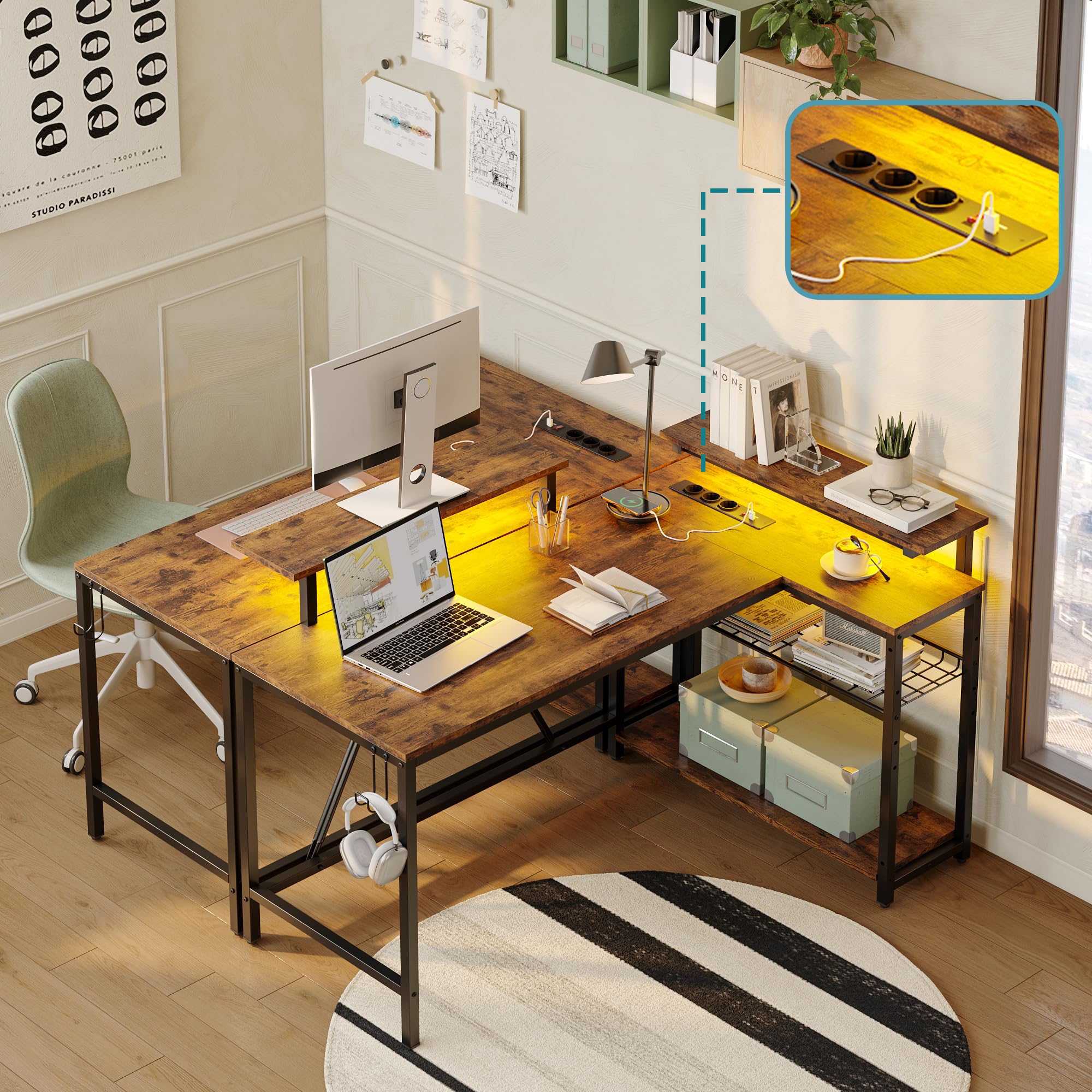 Bestier Scrivania Angolare a Forma di L con LED e Prese – Scrivania Reversibile 132 cm con Ripiani, Ideale per Ufficio, Studio e Gaming