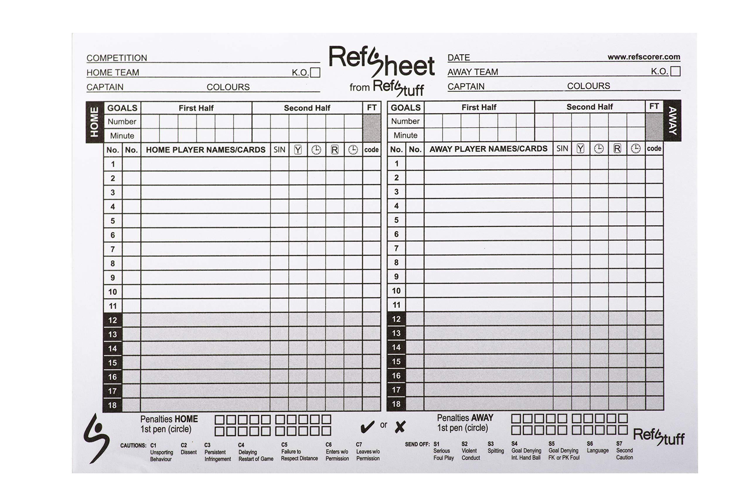 RefStuff RefSheet (Pack 50) Soccer Referee Match Day Score Sheets (inc sin Bins)