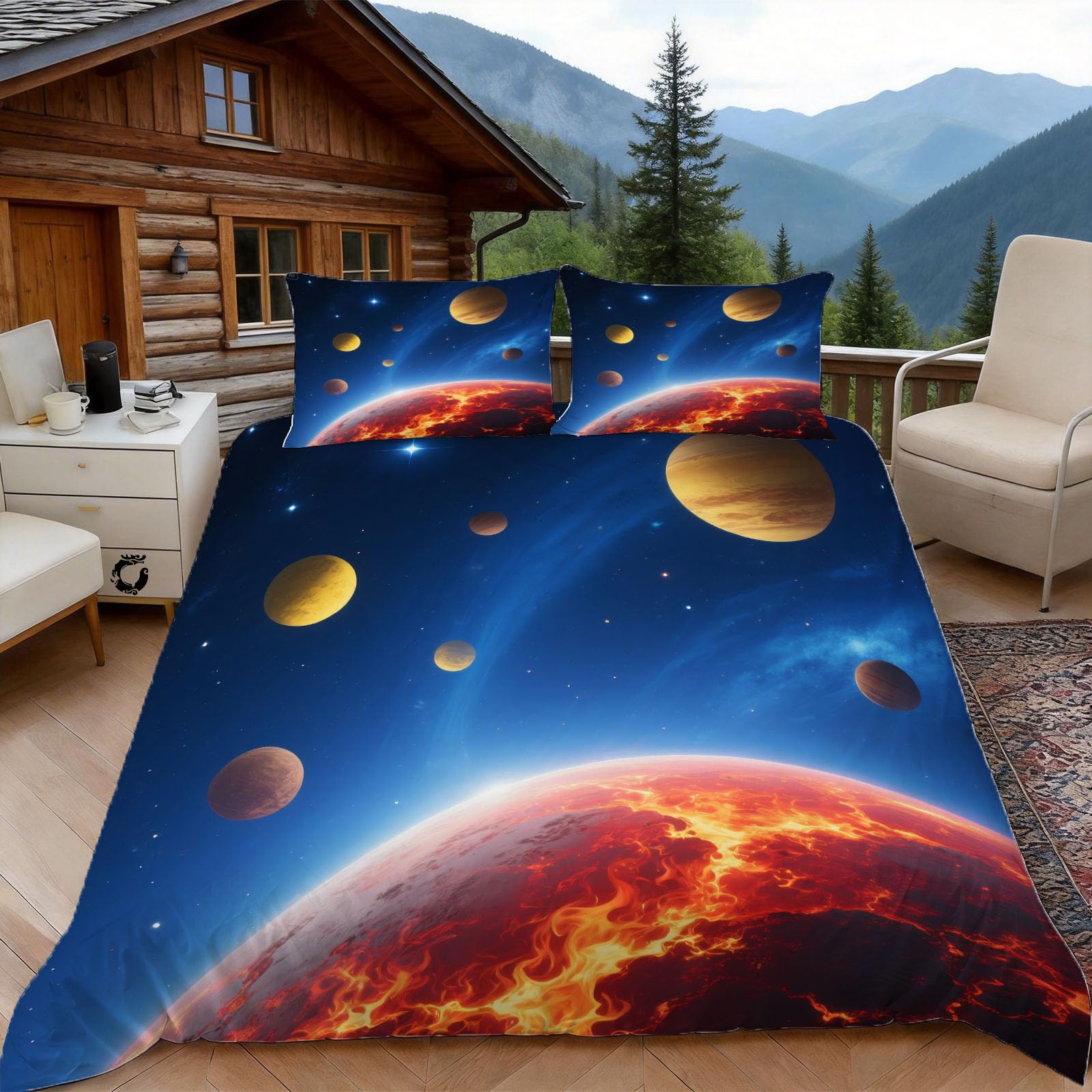 Housse de couette 200x200 planètes pour lit 2 personnes avec taies