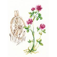 Wizardi Counted Cross Stitch Kit "Bloomy Herbs" M776 Wooden Wheel & Blooms, 16ct White Zweigart Aida DMC 23 Colors Floss, Needle, Chart, 4.13x5.51" Kit for Adult RTO