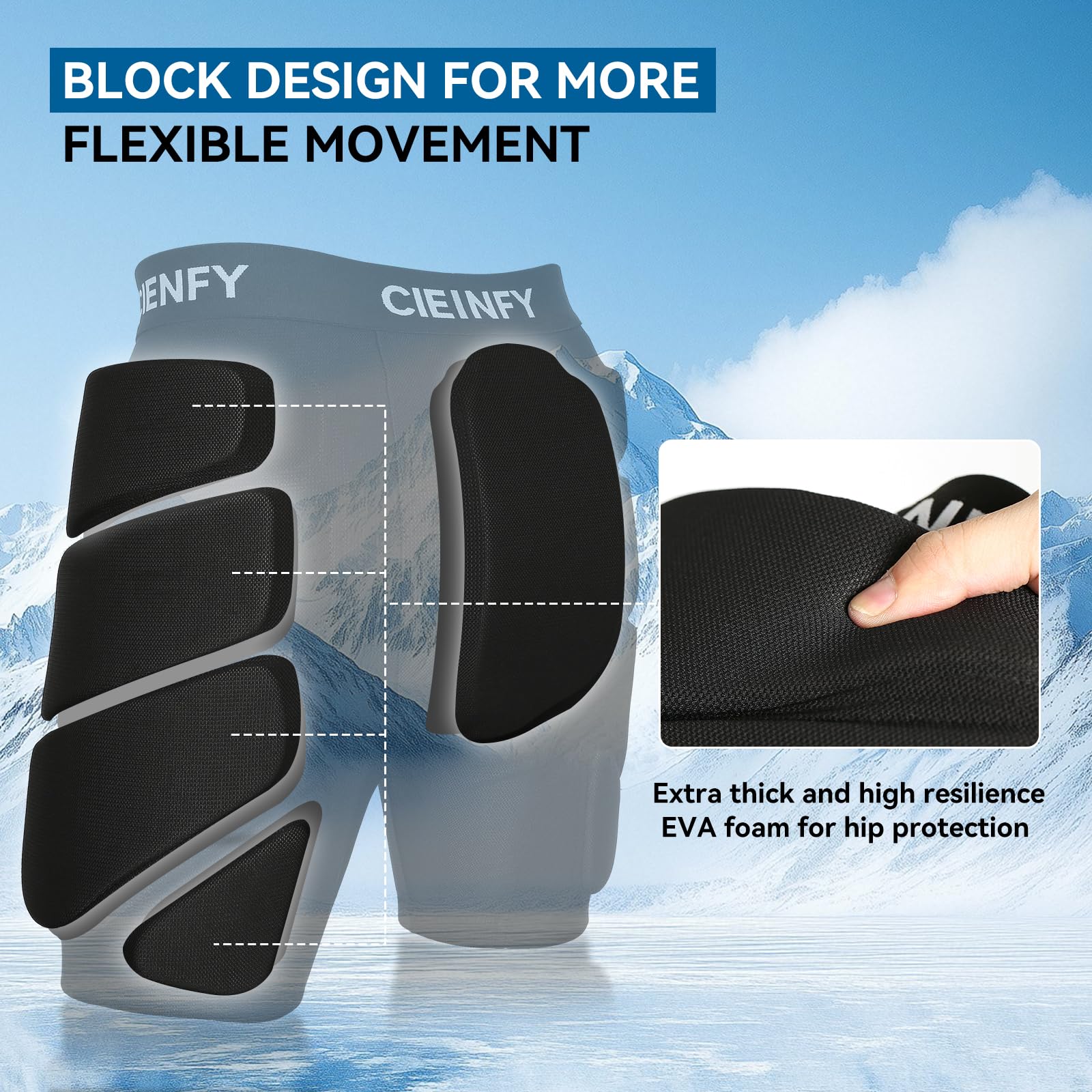 Cienfy Short de Protection rembourré en EVA pour Le Snowboard, Le Patinage et Le Ski, Protection des Hanches 3D pour Hanches, Fesses et Coccyx