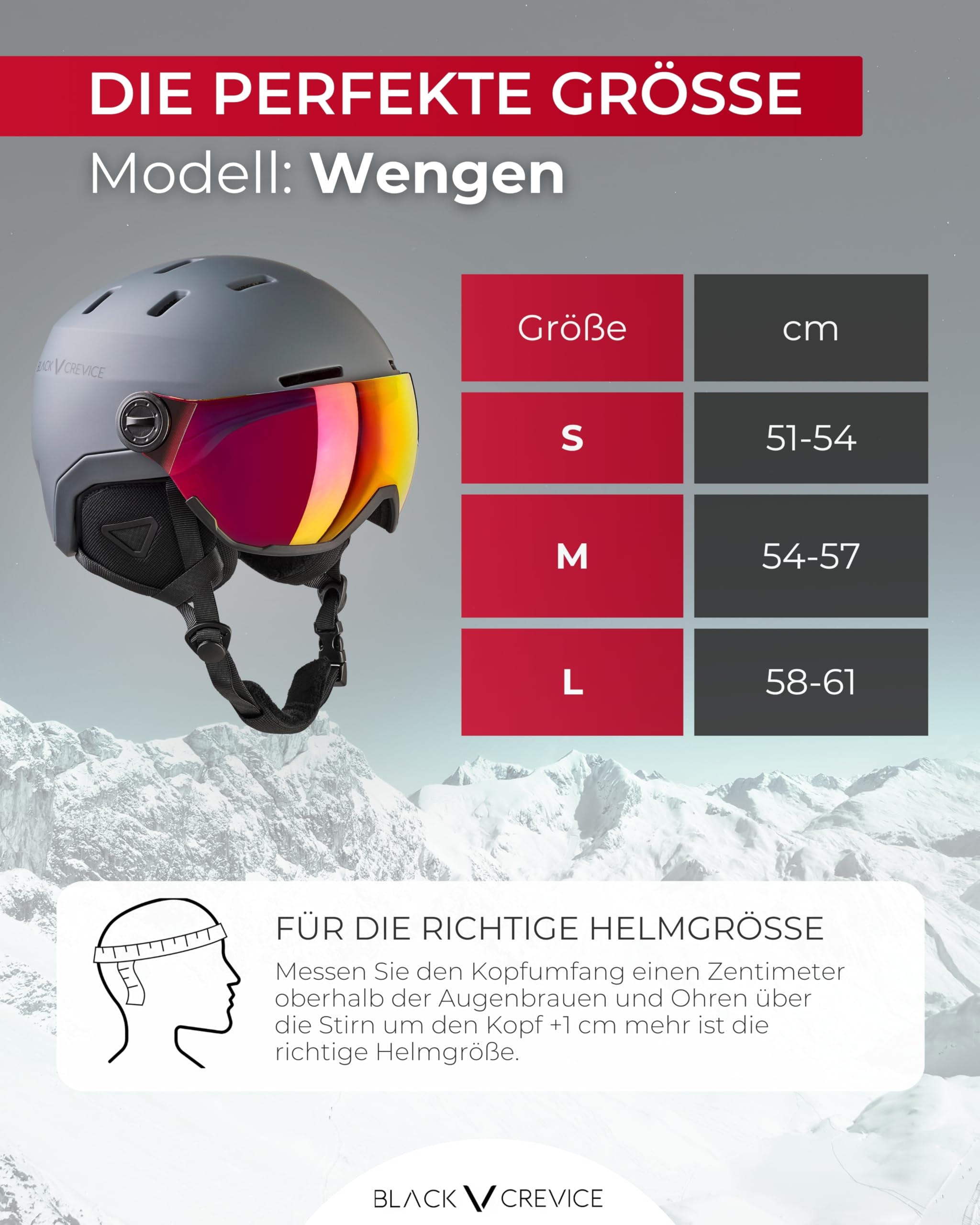 BLACK CREVICE Skihelm Wengen I Skihelm mit Visier aus Polycarbonat I Skihelm Herren & Damen I Leichte Double-Inmould-Technologie I Atmungsaktiver Ski-Helm I Größenverstellbar