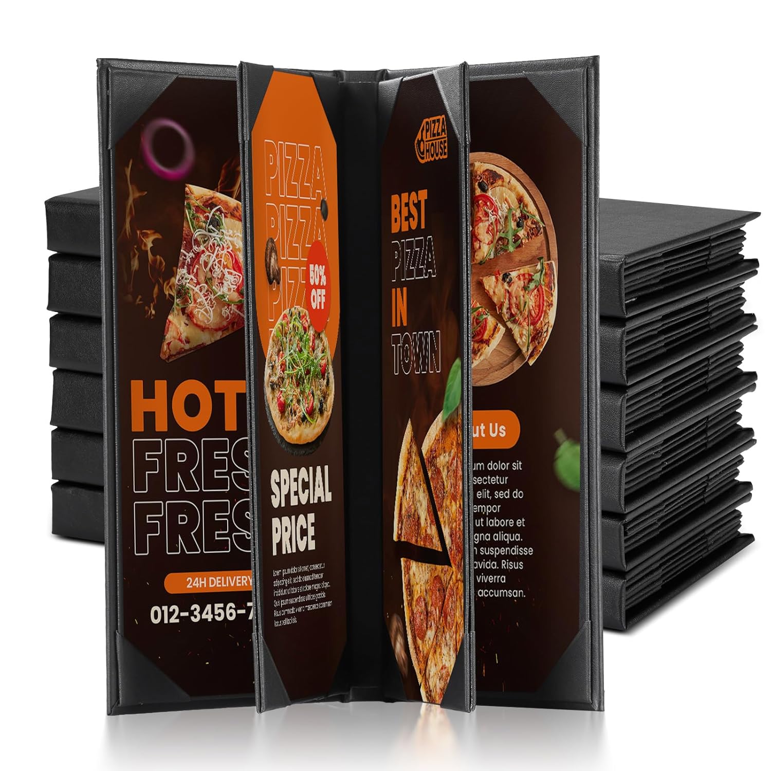 MYFULLY Restaurant Menu Holders 4.25" x 11", 6 Pack Black PU Leather Single Panel Menu Covers with Angled Corners for Restaurant, Bar, Coffee Shop, Wine List (6 View)