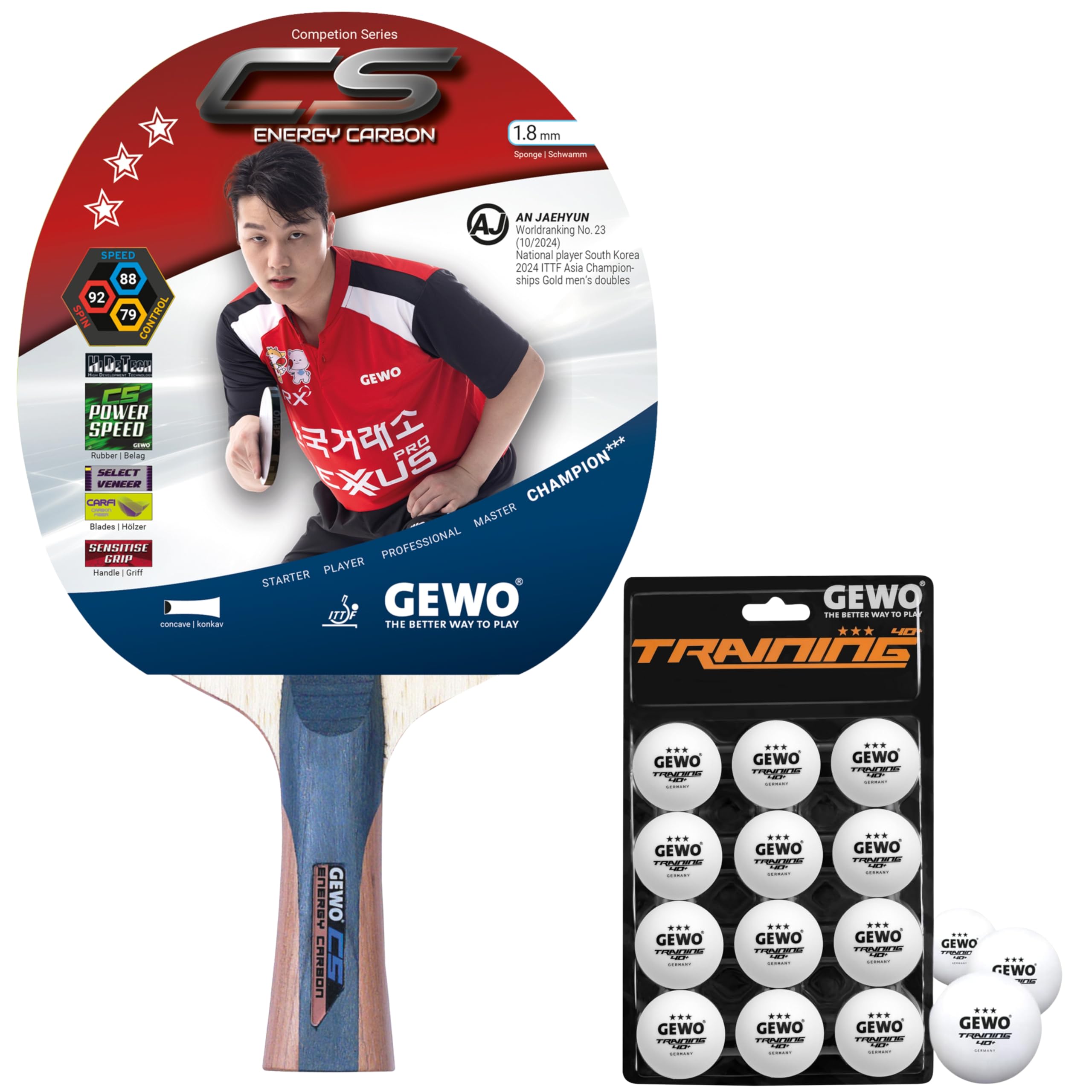 GEWO CS Energy Carbon Tischtennis-Schläger & GEWO Tischtennisbälle Training 40+ - Profi-Tischtennisschläger, ITTF genehmigt, konkav, 1,8mm Schwamm + 3 Sterne Tischtennis-Ball, 12 Stück