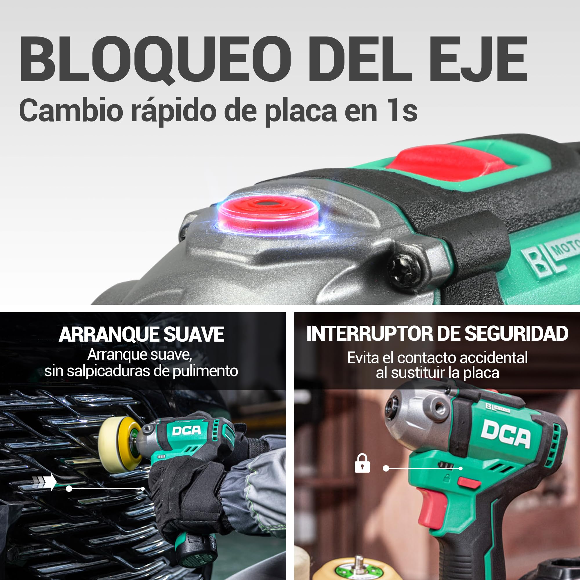 DCA Mini Pulidora Coche 12V, 75MM Pulidora Bateria y 50mm Lijadora, Pulidora Orbital, Máquina de Pulir sin Escobillas, 2 Baterías de 2,0Ah, 2 Velocidades 2800-8300 RPM para Pulir, Encerar y Limpiar