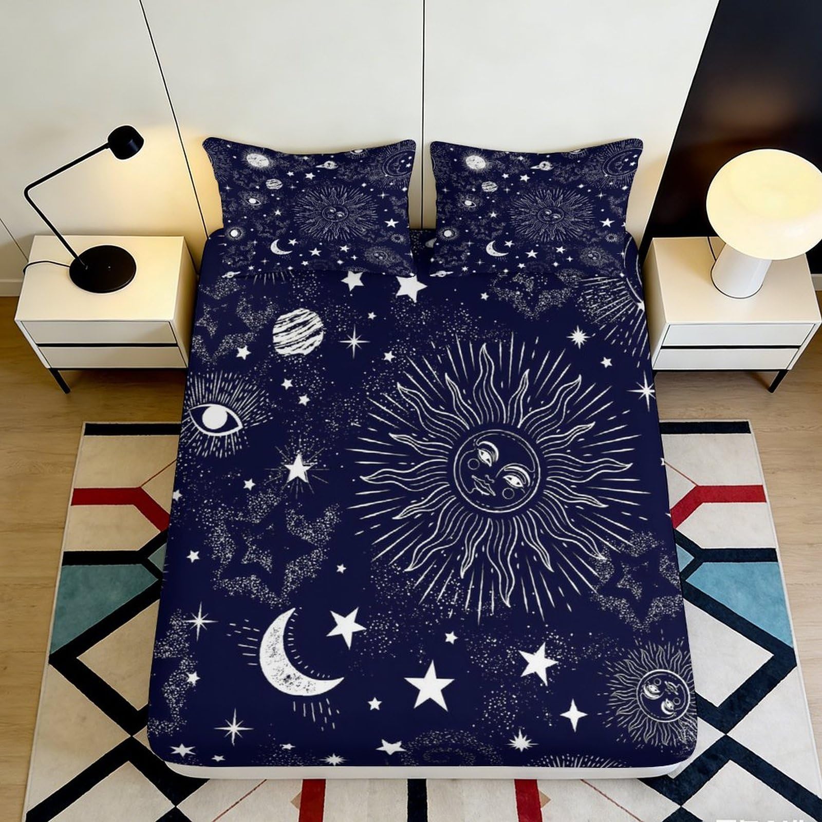 3D Printed Sun Moon Star Fitted Sheet Microfiber Soft Navy Cosmic Celestial Mattress Cover Bedroom Decor Protection 90x200x25cm