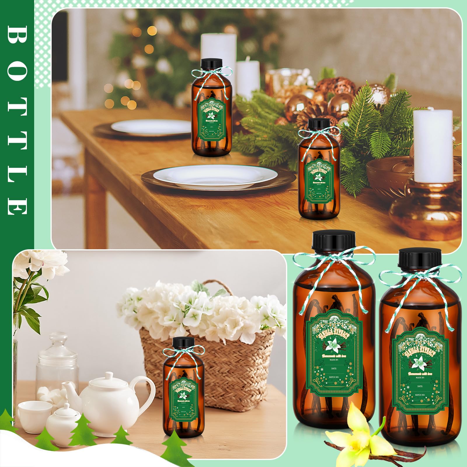 Uiifan Paquete de 12 botellas de vidrio ámbar Boston, botellas redondas de muestra con tapas, botellas de vidrio oscuro, botellas de extracto de vainilla y 12 calcomanías de copos de nieve verdes de
