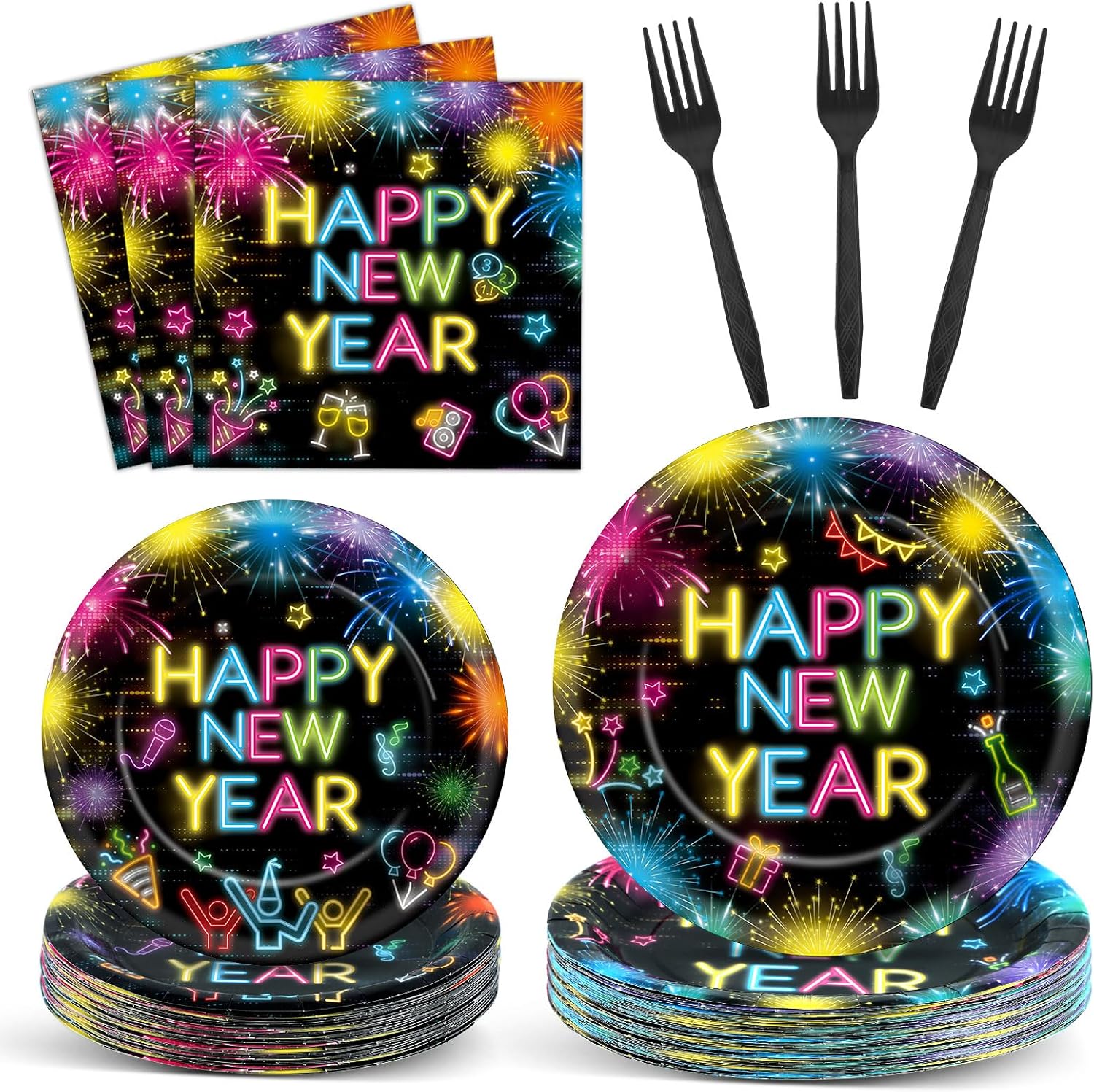 96pcs Happy New Year Party Plates and Napkins, Glow in the Dark Neon Party Decorations for New Year Eve Party Dessert Plates, Holiday Paper Dinnerware Kids New Year Birthday Tableware Decor, Serve 24