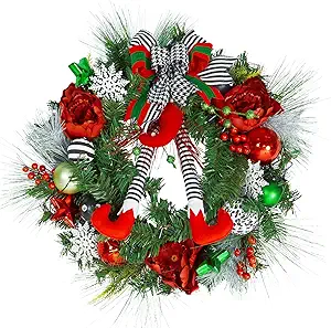 24 Inch Pre-lit Christmas Wreath for Front Door, Battery Operated Xmas Wreath with 20 LED Lights and Elf Legs Boots Christmas Ball Ornaments Bows for Home Winter Holiday Decor