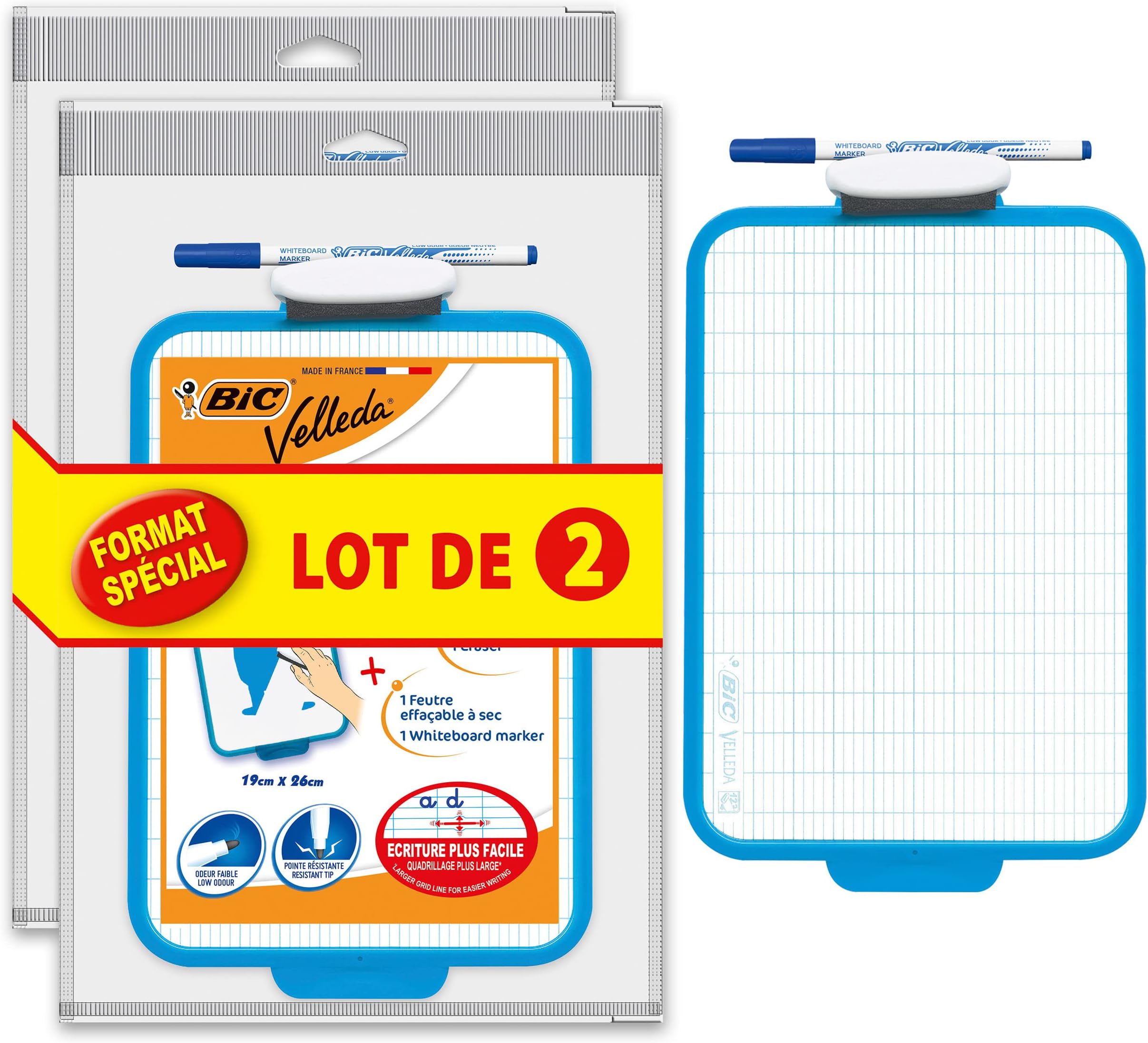 BIC Velleda School Slate Double Sided Dry Erase (19x26 cm) with Blue Dry Erase Pen and Erasers – Pack of 2