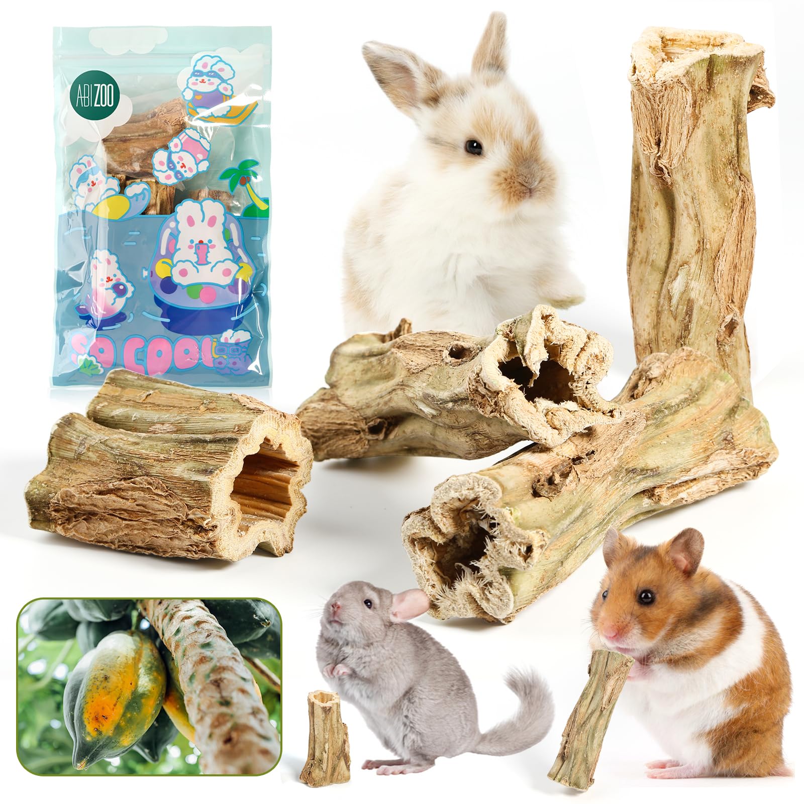 Abizoo Rabbit chew Toys for Bunnies,4 Pcs Natural Papaya Wood Chew Sticks Bunny Chews for Teeth Chinchilla Guinea Pig Hamster Gerbil Degu Small Animals to Keep Busy Molar Treats Toys