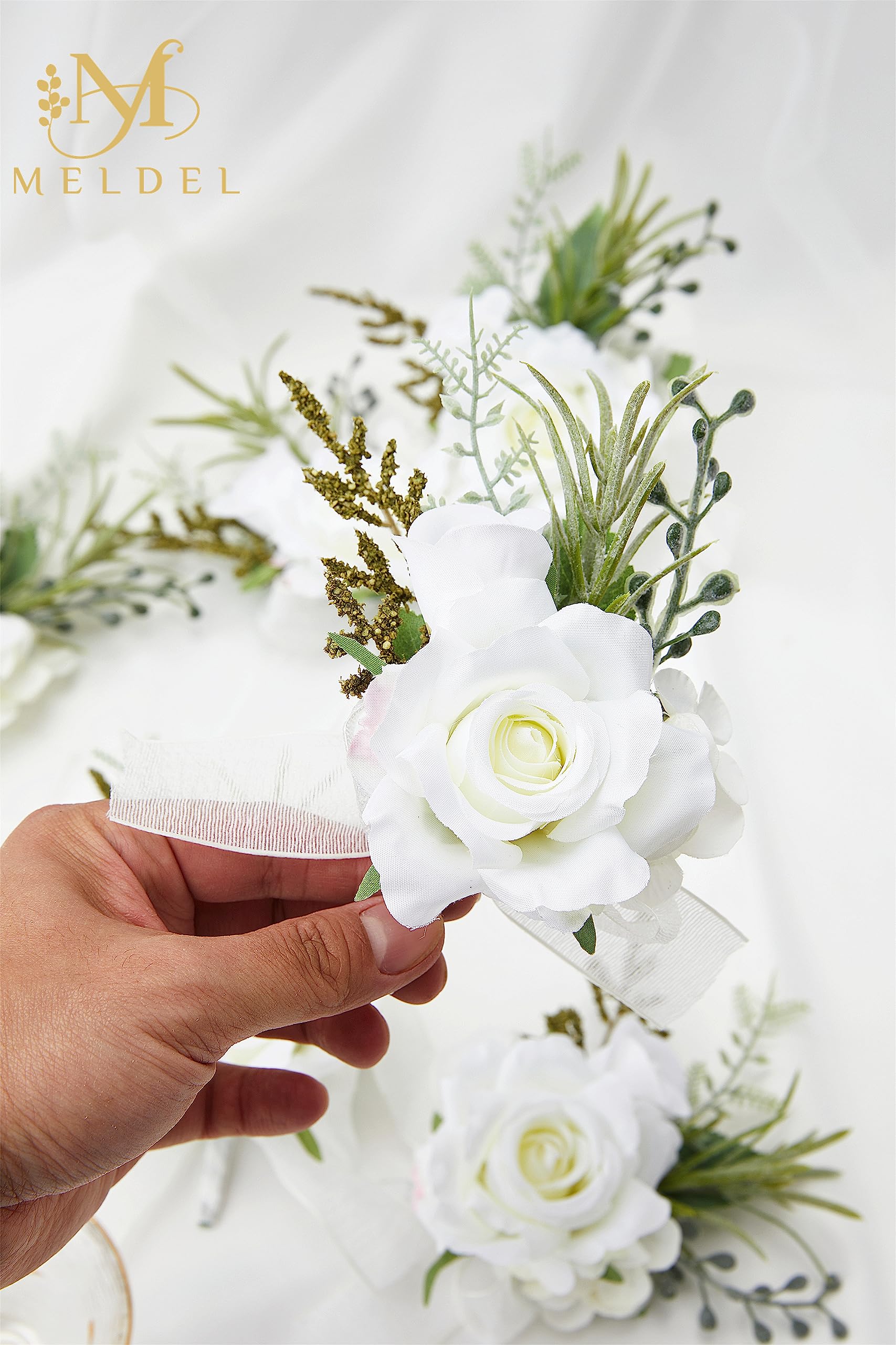 Meldel Boutonniere for Men Wedding, Set of 6, Elegant Artificial White Rose Boutonniere for Wedding Prom Homecoming Party, Perfect Accessories for Groom Best Man