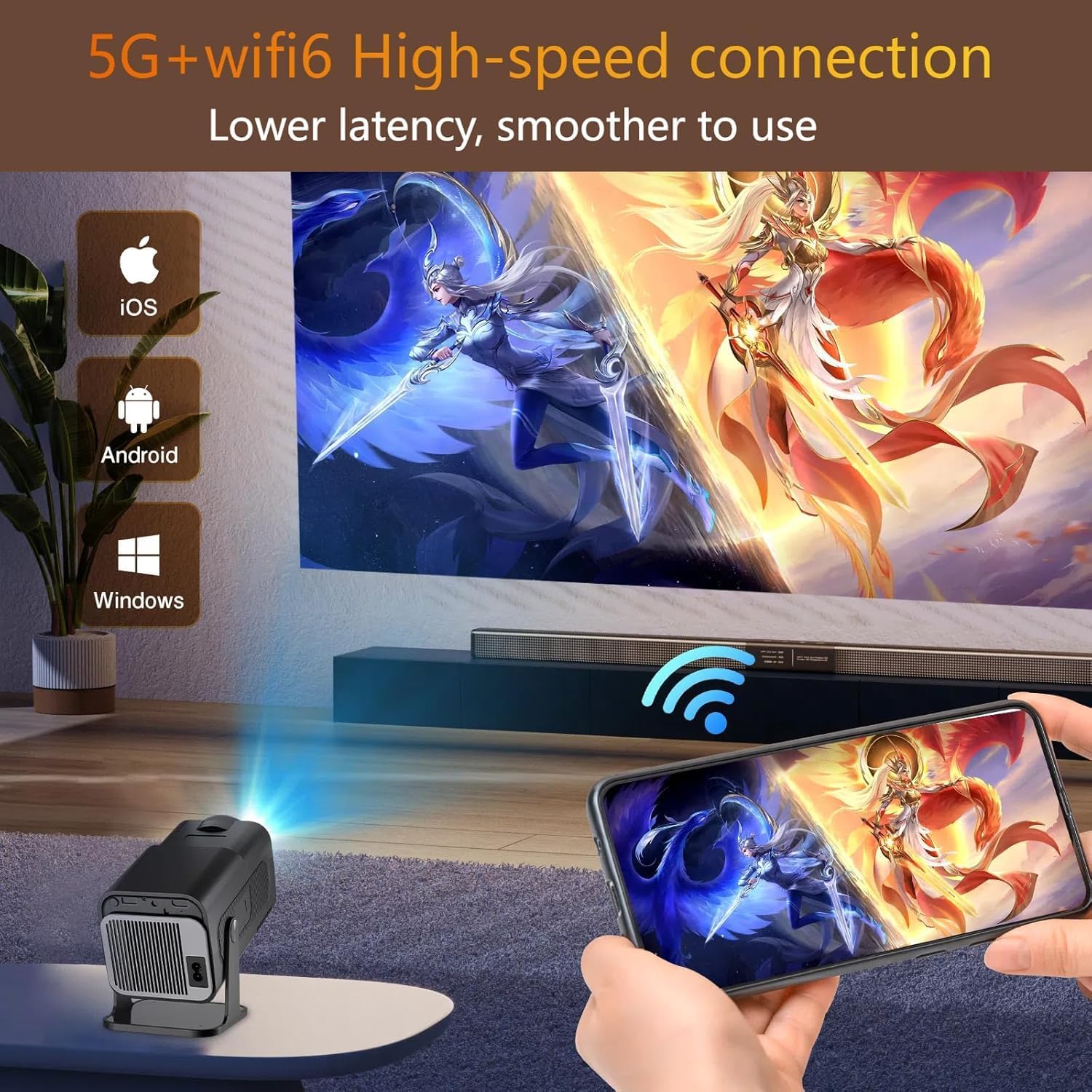 [180°Adjustable Stand] Smart Mini Projector with Android TV, Upgrade HY320 Portable Projector with WiFi and Bluetooth, 4K Support, Auto Keystone, Portable Ceiling Projector For ios and Android.