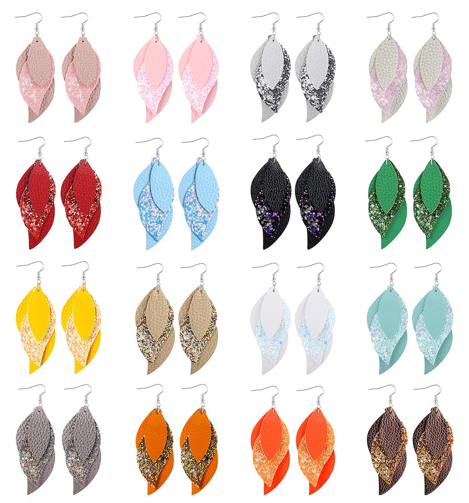 Honsny16 Pairs Lightweight Leather Earrings for Women 3 Layered Faux Leather Leaf Earrings S Design Drop Dangle Earring Set