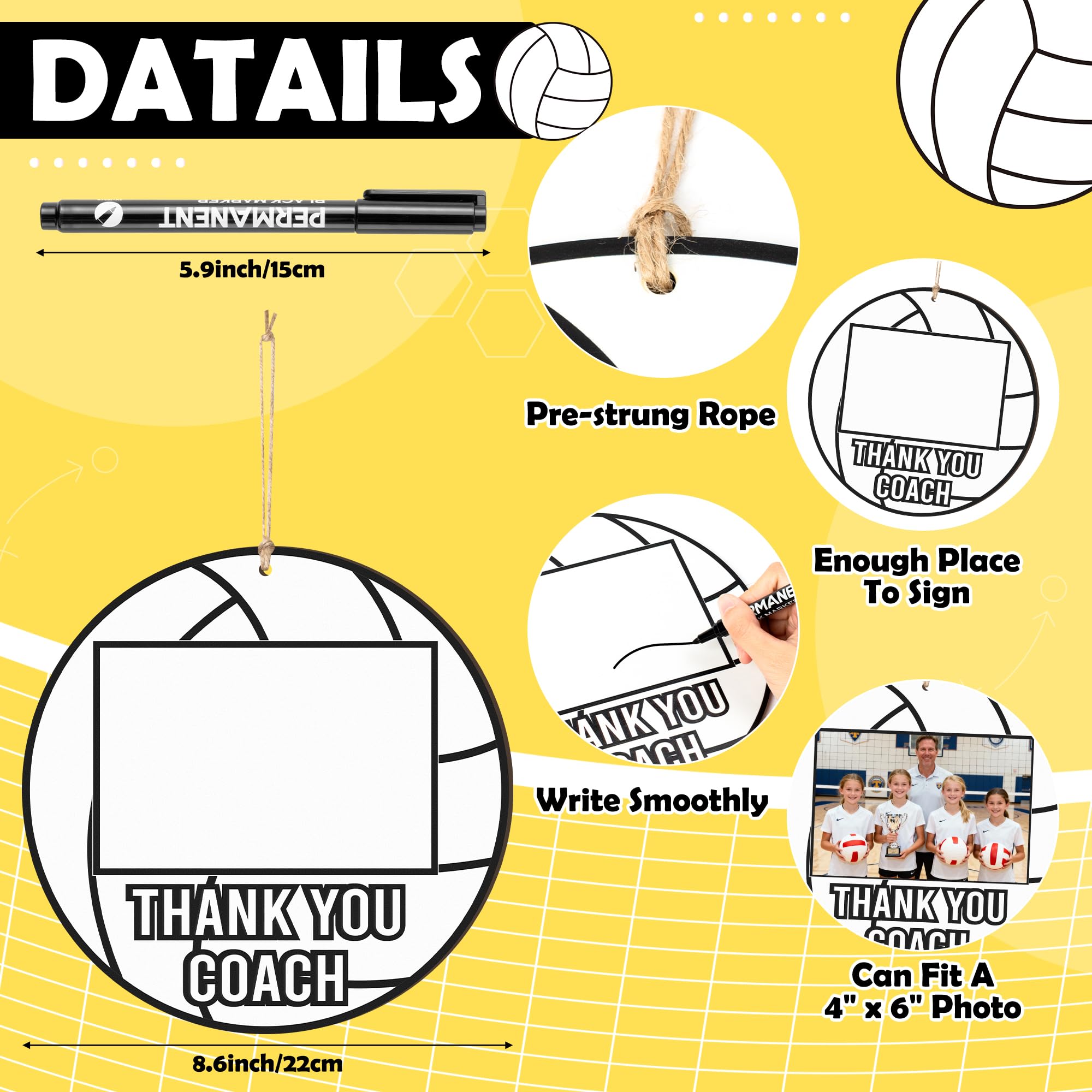 WATINC Coach Gift Picture Frame - 4pcs Sport Thanks Coach Wood Photo Frame with Signature Pen for Women Men Team Player, Home Office Sports Decorations Hanging Frame Wall Art Photo Album(Volleyball)