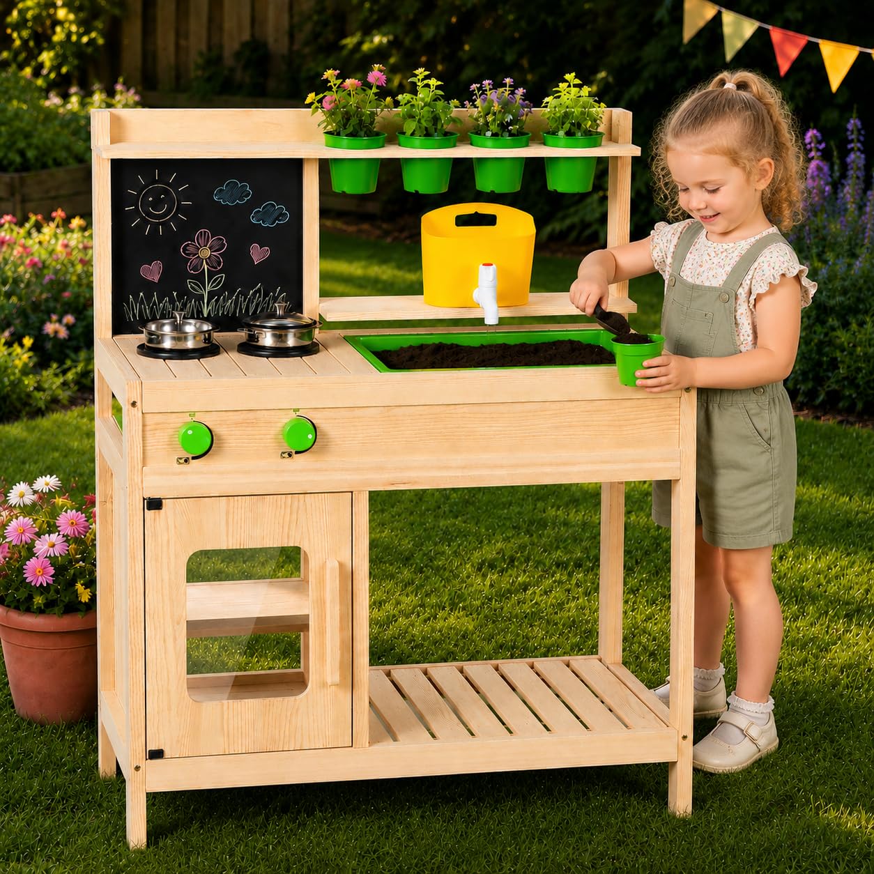 Cocina de Juguete de Madera para Niños | Cocina Exterior Infantil BlueWood | Grifo Funcional, Fregadero Grande, Estantes y Accesorios | Juego Educativo al Aire Libre