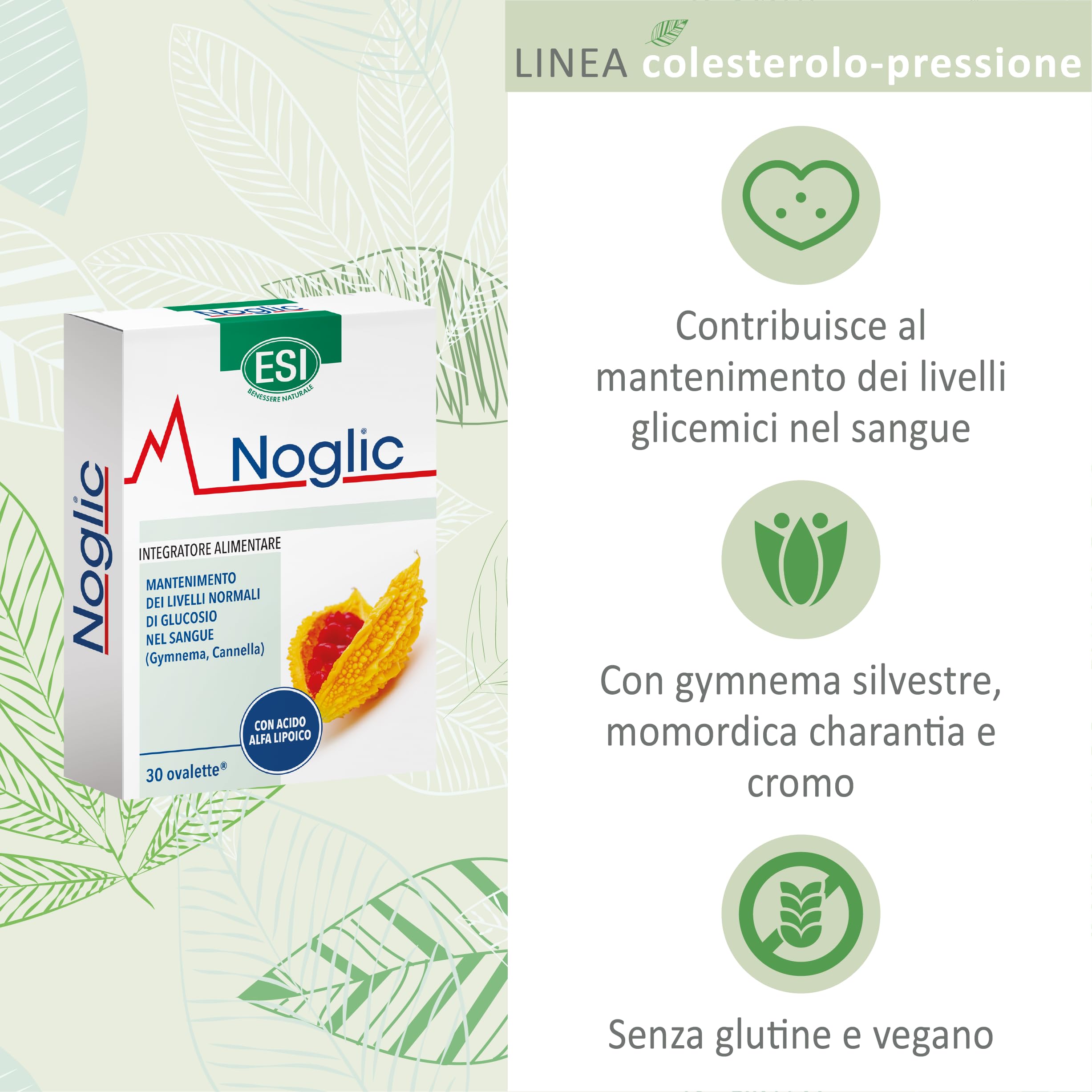 ESI - Noglic, Integratore Alimentare Con Gymnema Silvestre E Cromo, Mantiene I Livelli Di Glucosio Nel Sangue, Clinicamente Testato, Senza Glutine E Vegan, 30 Ovalette