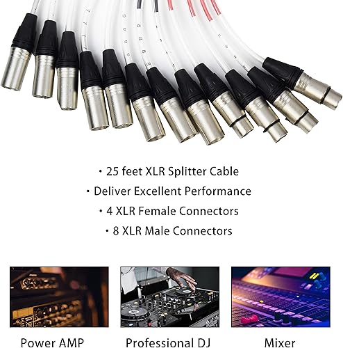 Miniatura 6 de PRORECK Cable de serpiente, placa de circuito XLR de perfil bajo de 8 canales, cable divisor XLR para vivo, grabación, escenario, estudio, 25 pies