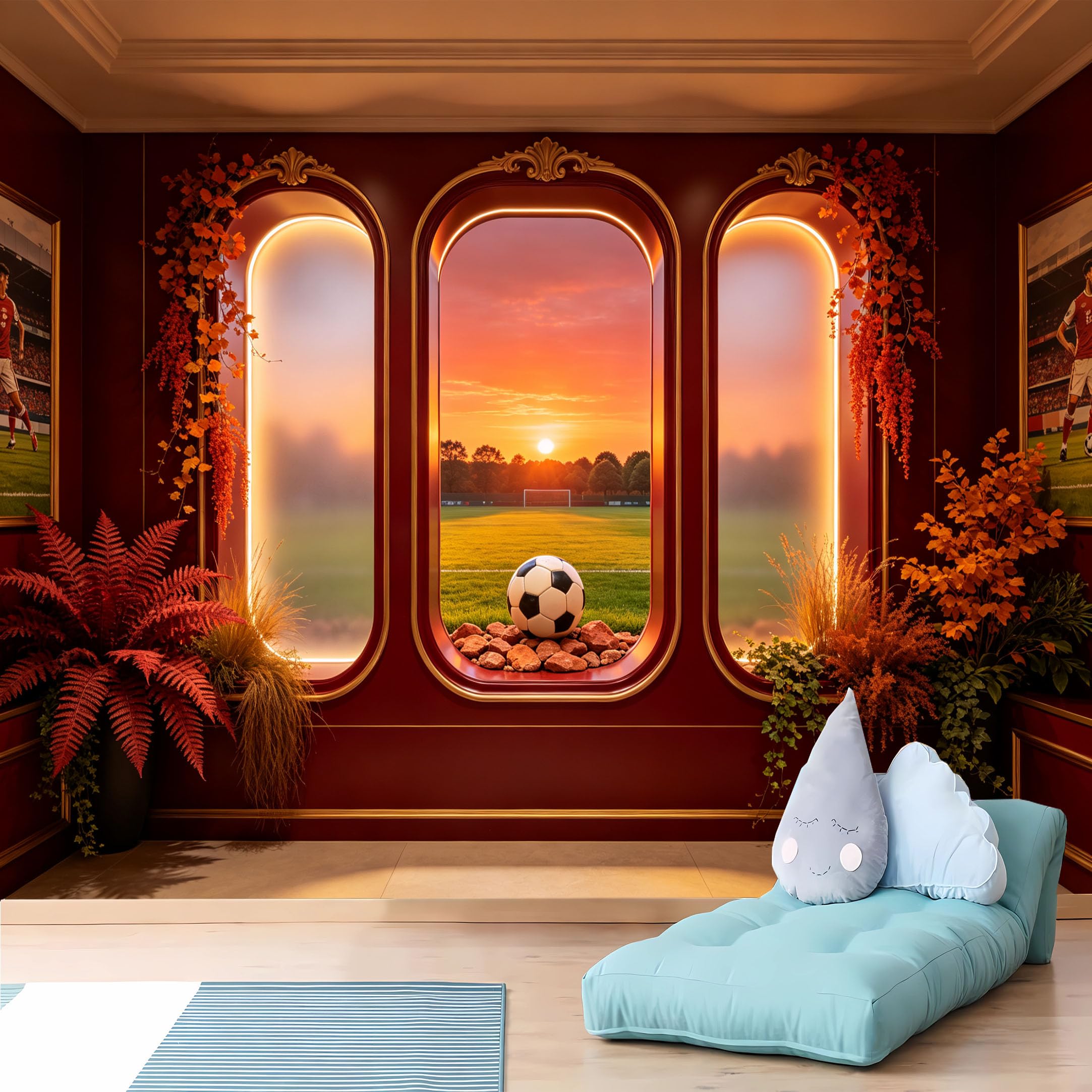 Custom Size Wall Murals 3D Red Niche with Soccer Field and Ball at Sunset Full Wall Self-Adhesive Wall Fabric (NO PVC) Removable Wallpaper for Office