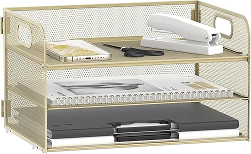 Miniatura 14 de Daltack Organizador de papel de 3 niveles con asa, bandeja de escritorio de malla para carpetas de archivos A4, color blanco Blanco,Negro,Negro con