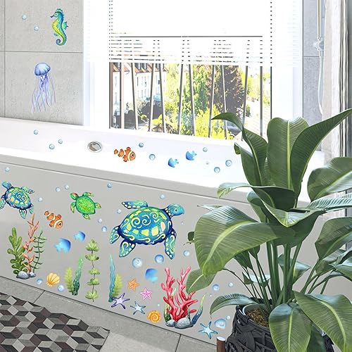 Miniatura 5 de Calcomanías de pared bajo el mar, tortuga marina, hierba oceánica, burbujas de medusas, caballito de mar, burbujas de medusas extraíbles, vinilo