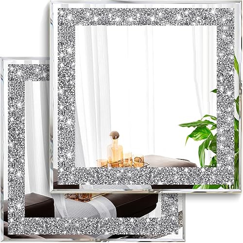 XIHACTY 2 Piece Wall Mirrors, Crush Diamond Mirrors Wall Decor, Silver Decorative Mirrors for Living Room Decor, Bedroom, Bathroom. (12”x12”)