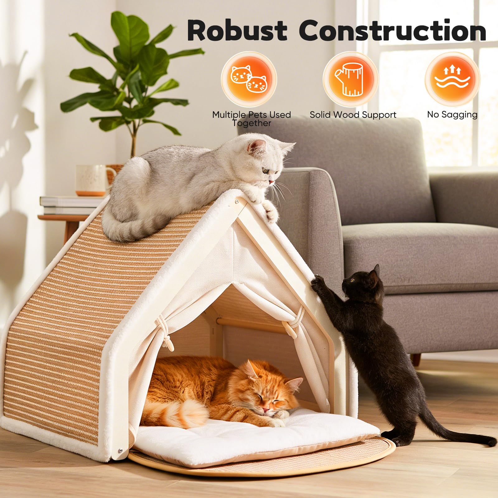 Tenda Per Gatti, Tana In Sisal Tenda Per 1-2 Gatti E Tiragraffi 2 In 1 In Legno Per Interni Con Cuscino E Tetto Lavabili 50 X 40 X 40 Cm Cuccia Accessori Per La Stanza Degli Animali