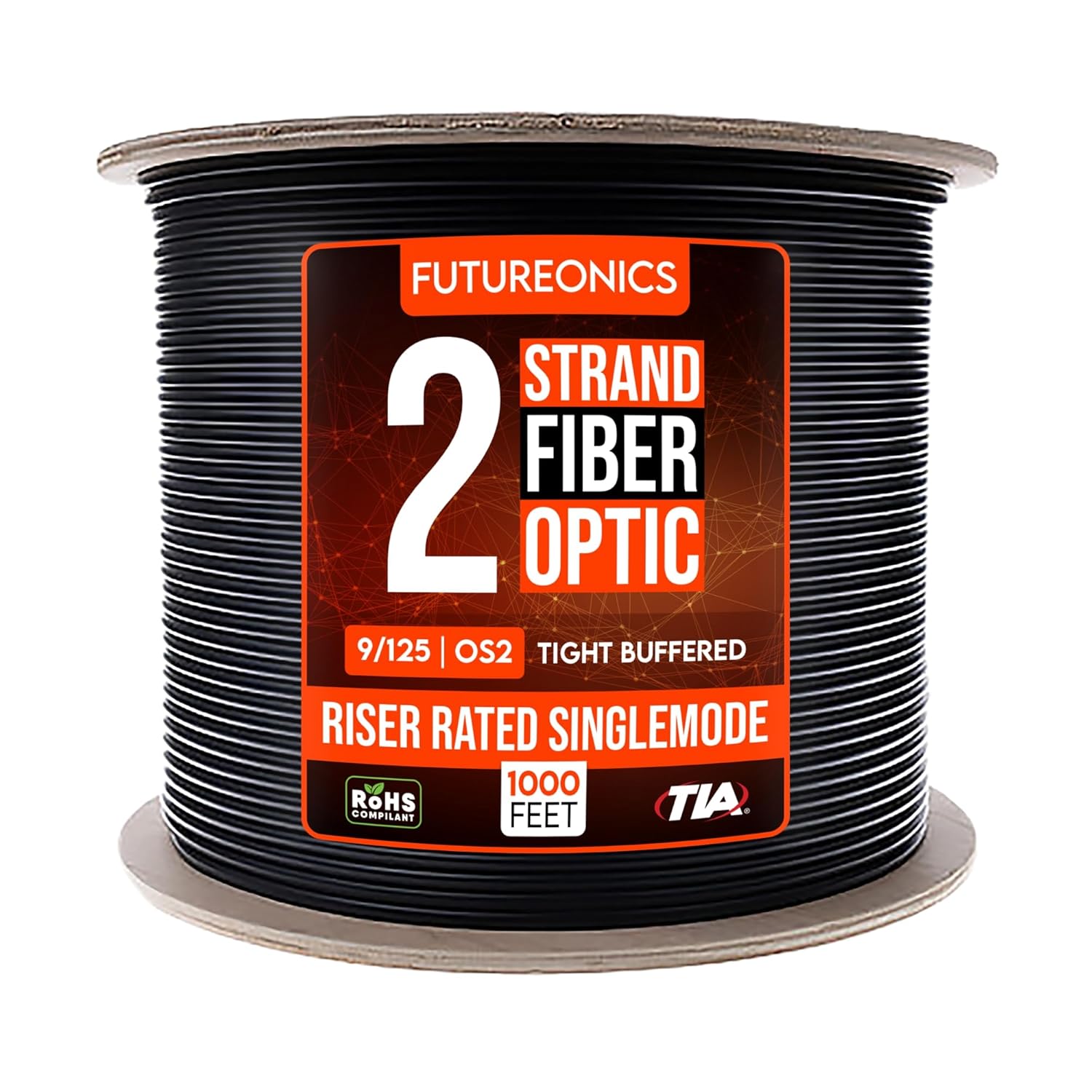 2 Strand Indoor/Outdoor Fiber Optic Cable, OS2 9/125 Micron Core Singlemode, Corning, Black, Riser Rated CMR Fiber Optical Patch Cord, Wooden Spool, Black, 1000 Feet (305M)