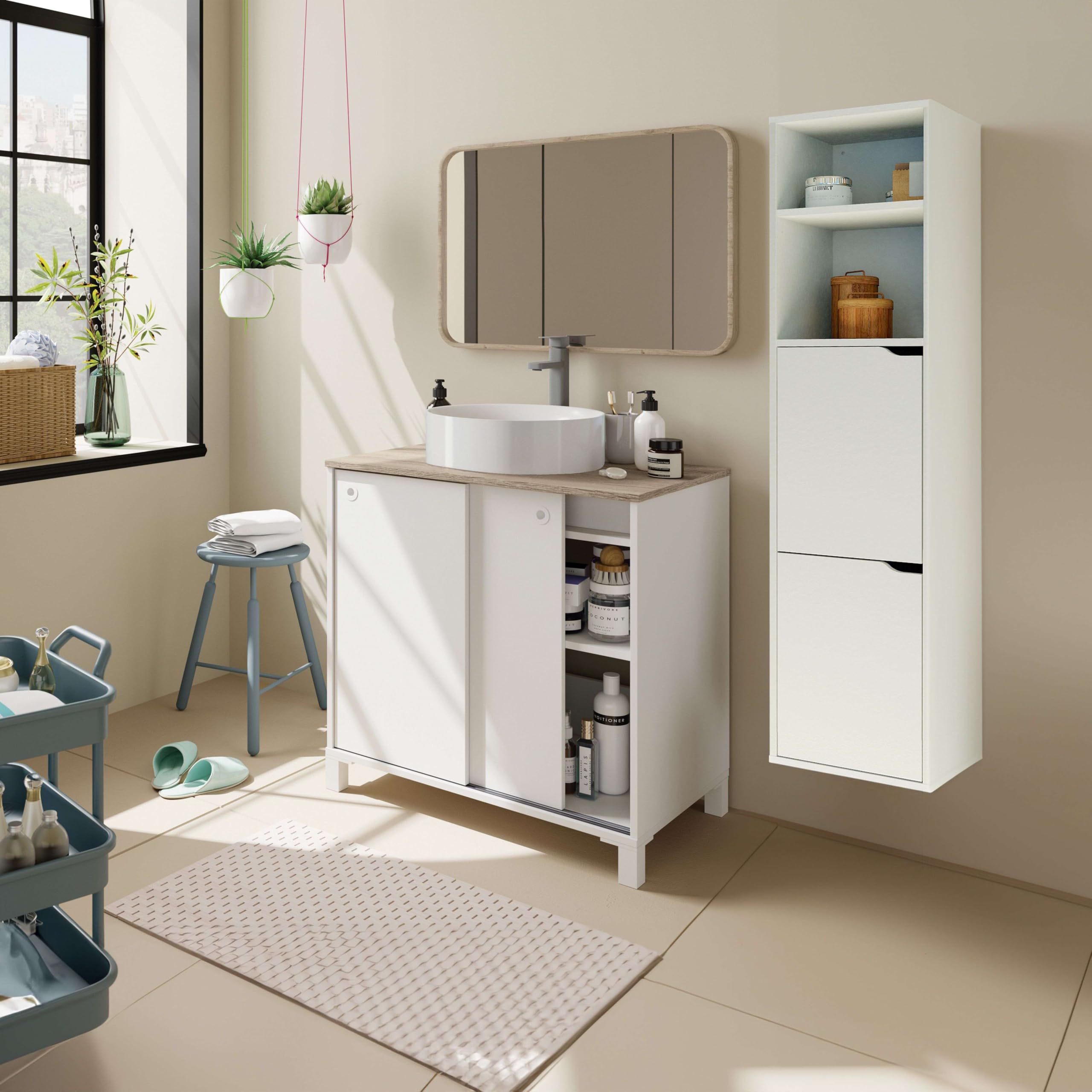 Muebles PITARCH - Mueble de baño Sella con Lavabo cerámico Lugares Estrechos de Espacio, 94x81x50 cm (Alto x Ancho x Profundo), Color Blanco y Roble Cambrian