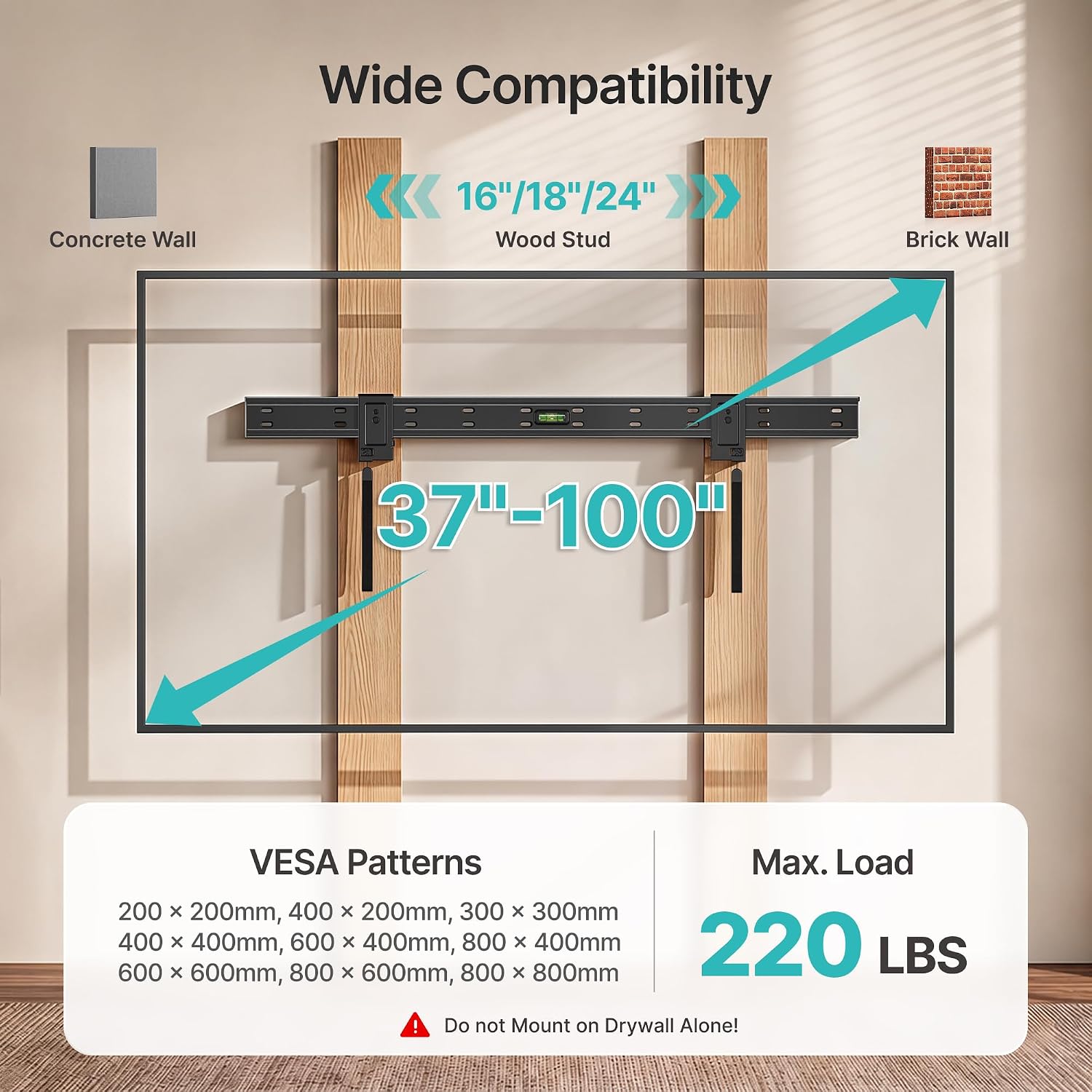Pegzone Fixed TV Wall Mount for 37-100 Inch TVs, Heavy Duty Low Profile TV Mount Holds up to 220 lbs, 0.57" Flush Wall Design, Fits VESA 200x200 to 800x800