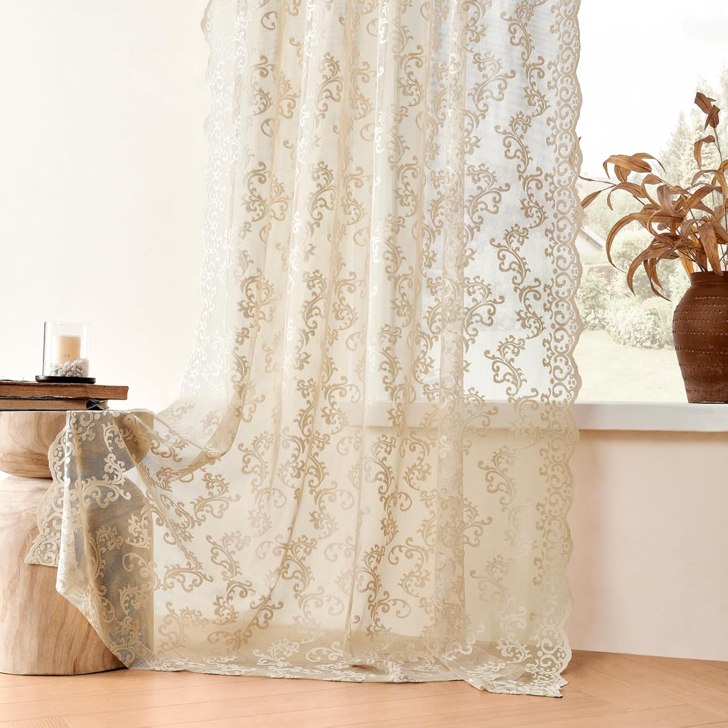 Beige Lace Curtains - 108 Inch Long, 2 Panel Paisley Floral Curtains for Living Room, Bedroom, Dining Room - Neutral Drapes, Light Filtering, Sheer