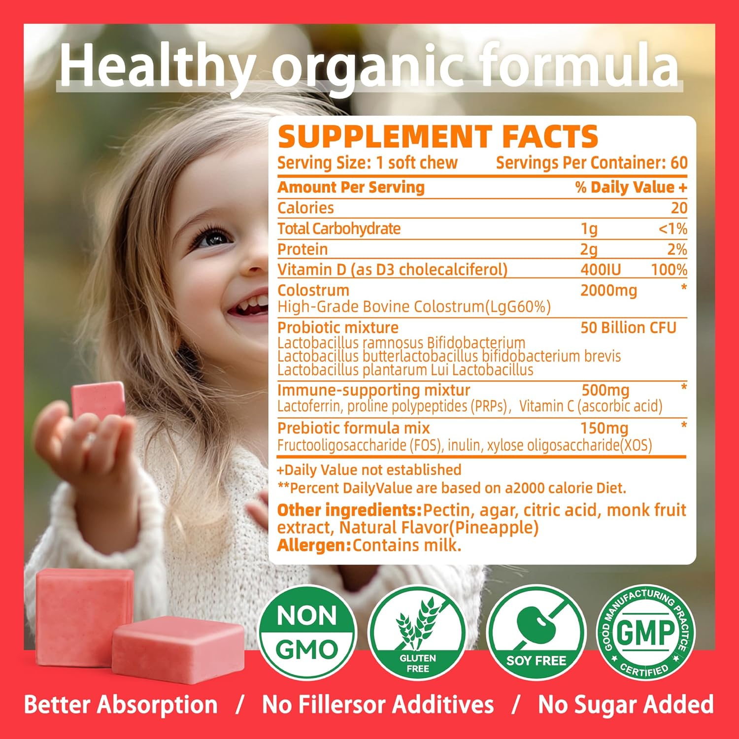 Colostrum Chews Supplement with probiotics for Gut Health, Bloating, Immune Support, Skin, Hair Growth and Beauty - Strawberry Flavor (60 Servings)