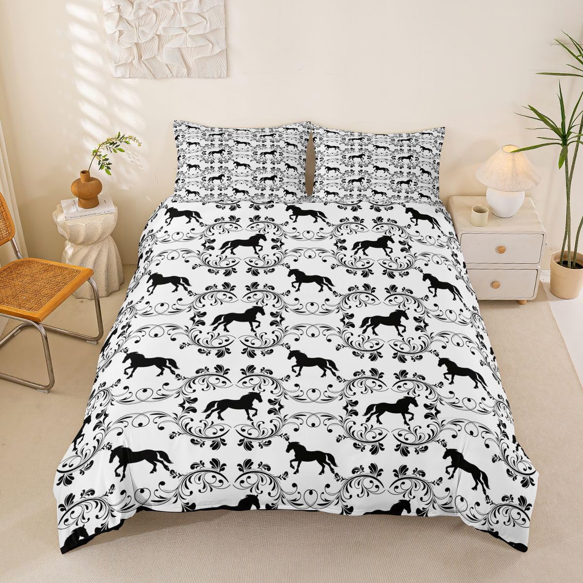 Homemissing Horse Silhouette Duvet Cover Set Cot Size for Kids Boys Girls Damask Horse Bedding Set Western Gifts for Equestrian Duvet Cover with 1 Pillowcase Gothic Vintage Damask Floral Bedding — image 1