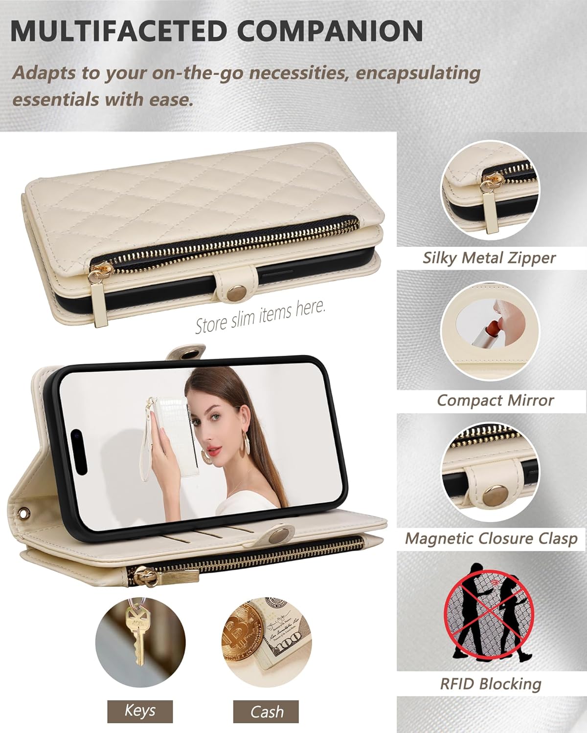 for iPhone 15 Pro Max Wallet Case 6.7" with Mirror, Wristlet & Crossbody Strap, Zipper Card Holder - RFID Blocking, Flip Magnetic Shockproof Protective Cover with Kickstand for Women, Beige