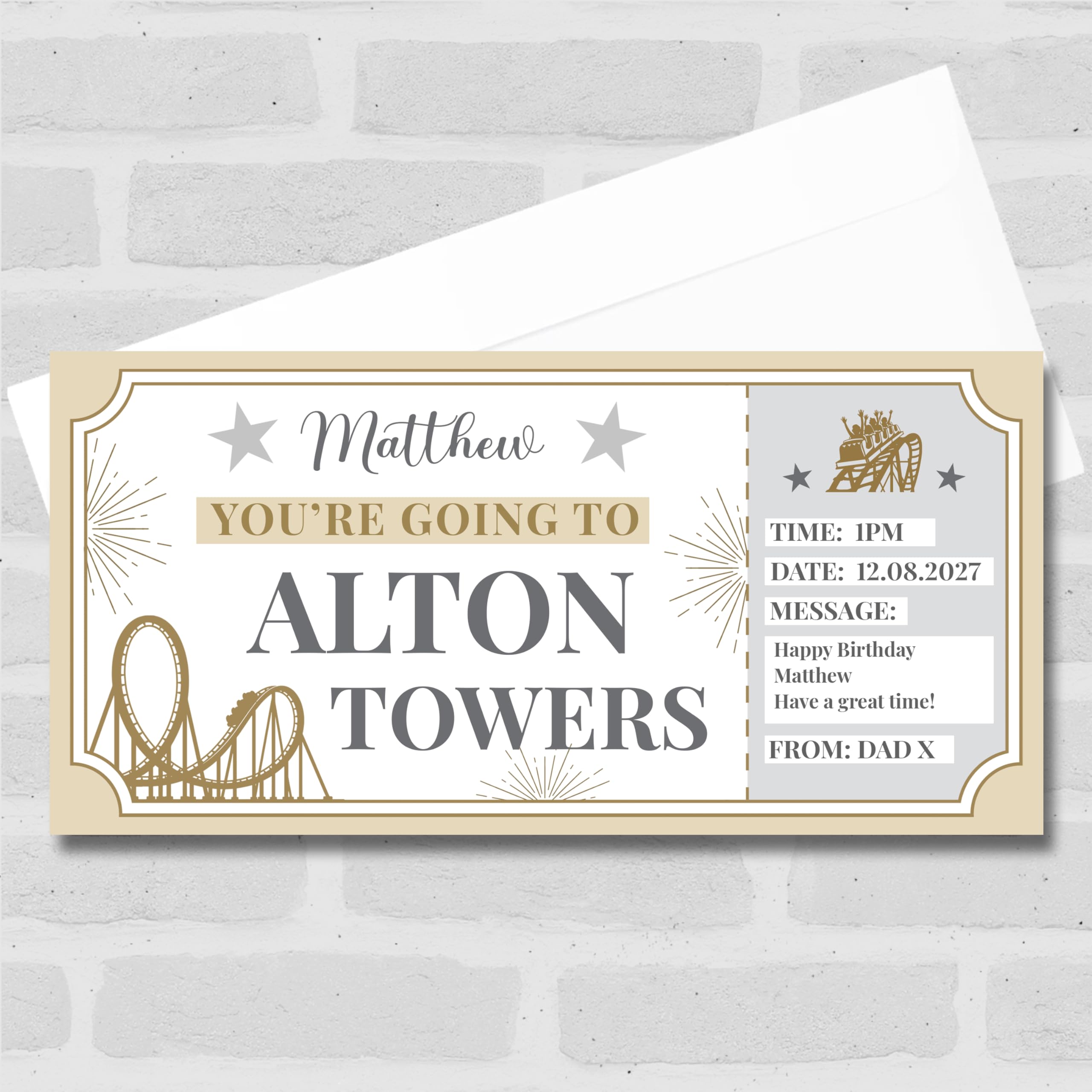 Greetings Card - Theme Park Alton Towers Gold Stars Personalised Gift Voucher Surprise Ticket | Custom Greetings Card | Surprise Reveal Voucher Spoof Ticket