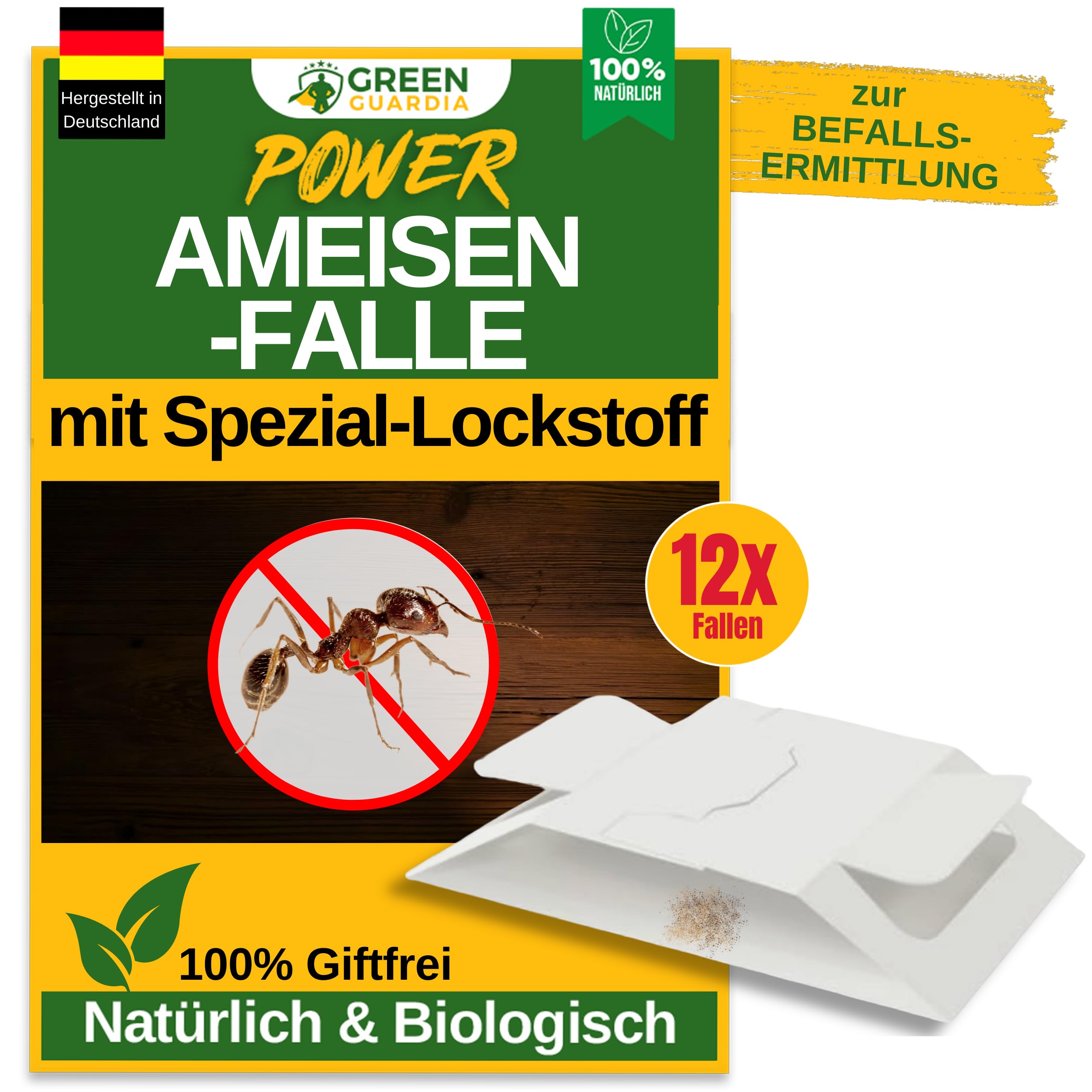 GREEN GUARDIA Ameisen Falle mit Spezial-Lockstoff - 12x Ameisen Fallen - umweltfreundlich Ameisen bekämpfen, Chemiefreie Falle mit starker Klebefläche, giftfrei & geruchsneutral