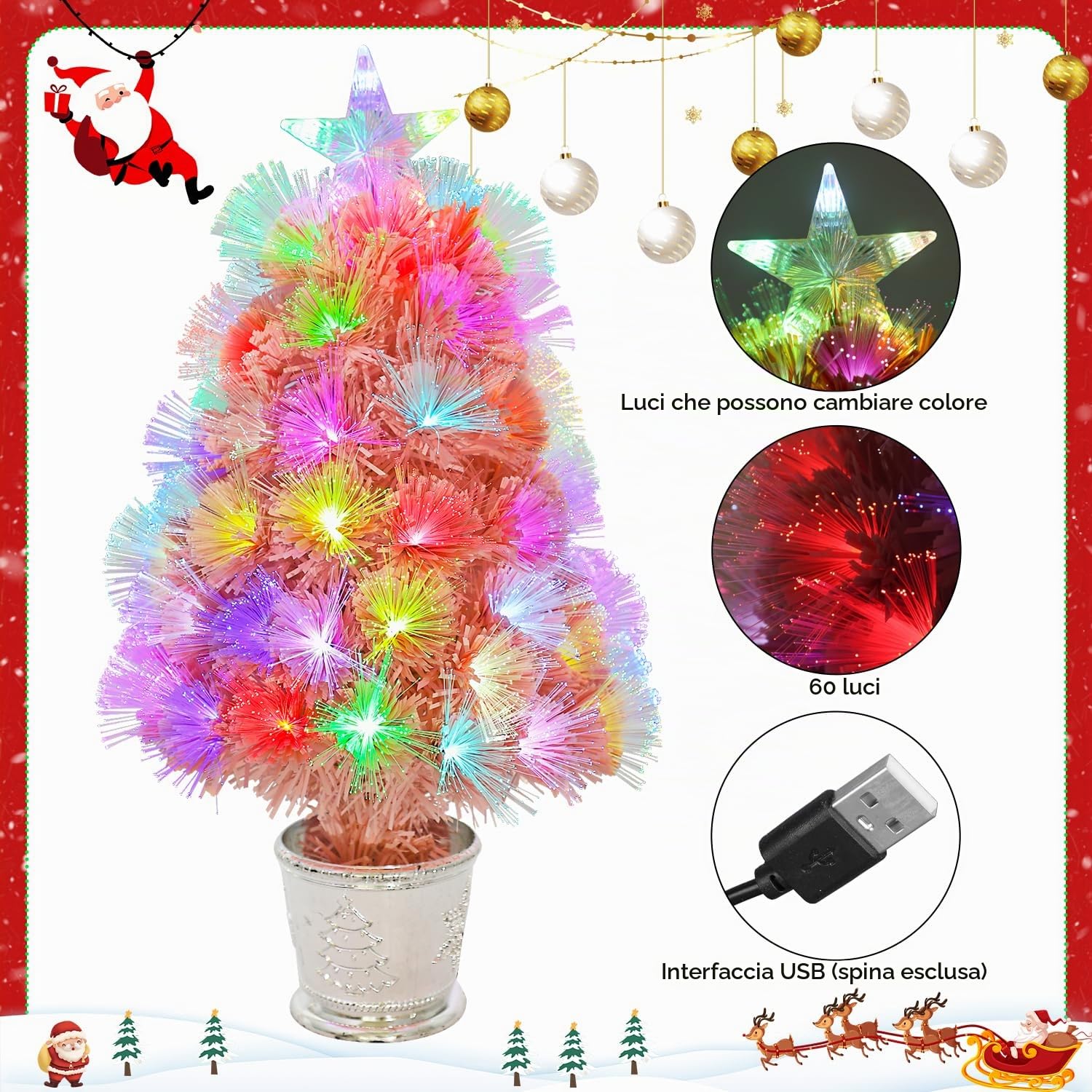 VEYLIN Albero di Natale in fibra ottica da 2 piedi, piccolo albero di Natale per decorazione di casa e ufficio (Rosa)