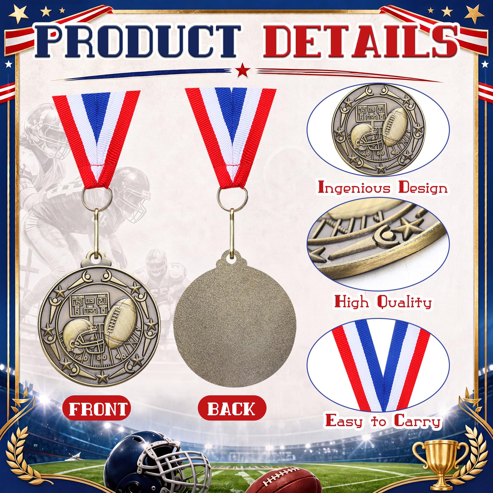 Kenning 24 medaglie di classe mondiale da 5 cm con nastro rosso bianco blu collo oro campione medaglia trofeo per giochi sportivi eventi festa premio giocatore vincitore della squadra regalo
