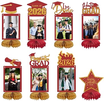 8pcs Graduation Decorations Class of 2026 Table Centerpieces, Congrats Glitter Grad Honeycomb Centerpieces for Photo Tables Toppers 2026 Graduation Party Decor Red Gold