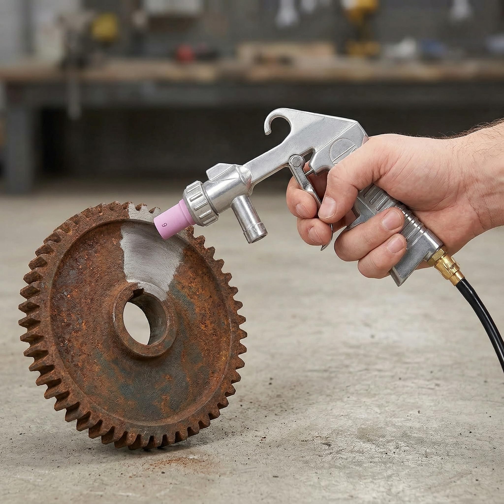 Sandstrahlpistole Set Druckluft, Sandstrahlen Pistole Kit mit 1m Gummischlauch, verschiedenen Düsen und Luftanschlussnippel, zum Sandstrahlen für Auto, Rostentfernung und Heimwerker, Aluminium