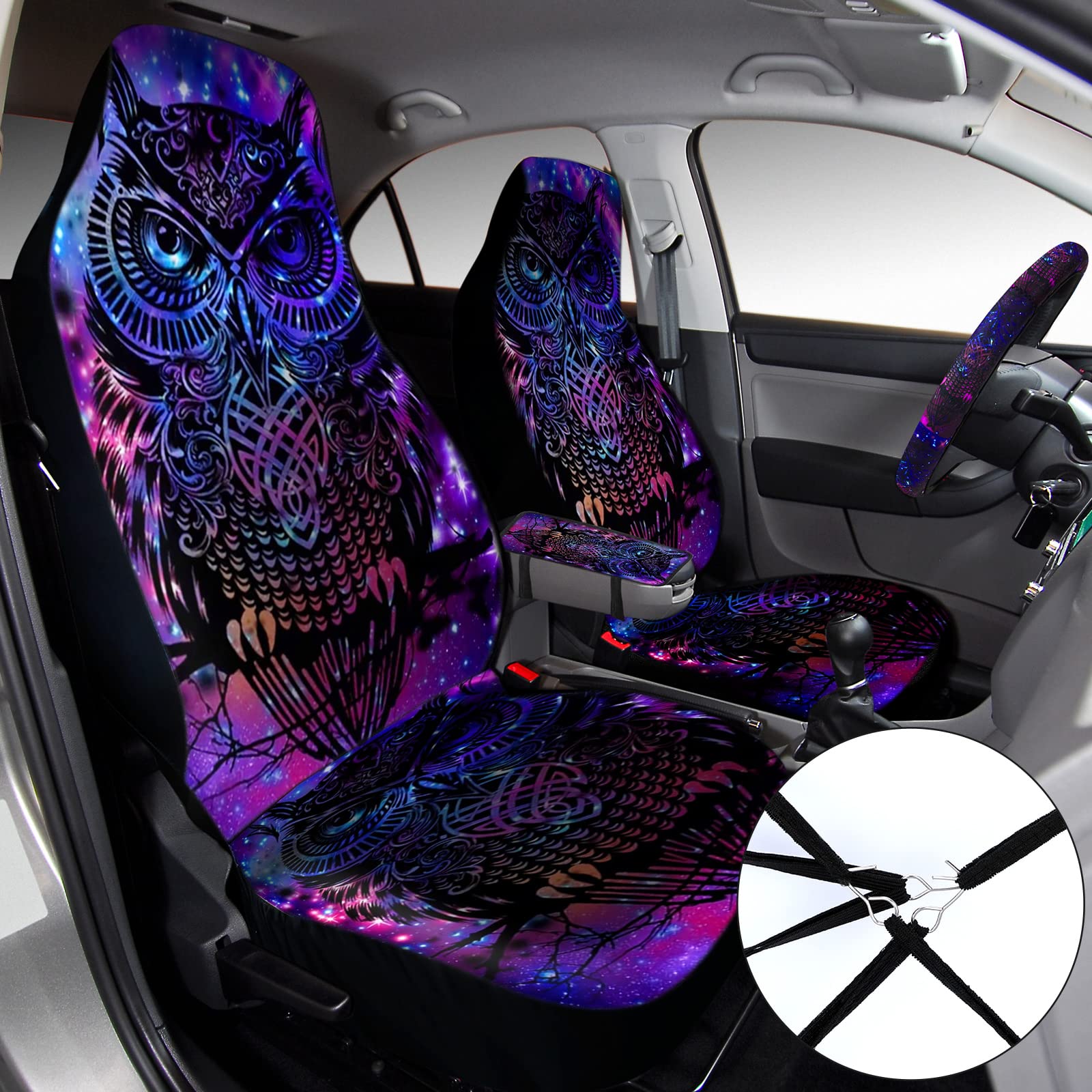 10 Pcs Purple Colorful Owl Car Seat Covers Set Car Steering Wheel Cover Front Seat Belt Pads Armrest Pad Cup Holder Strap Car Decor Accessories for Vehicle Car SUV Truck