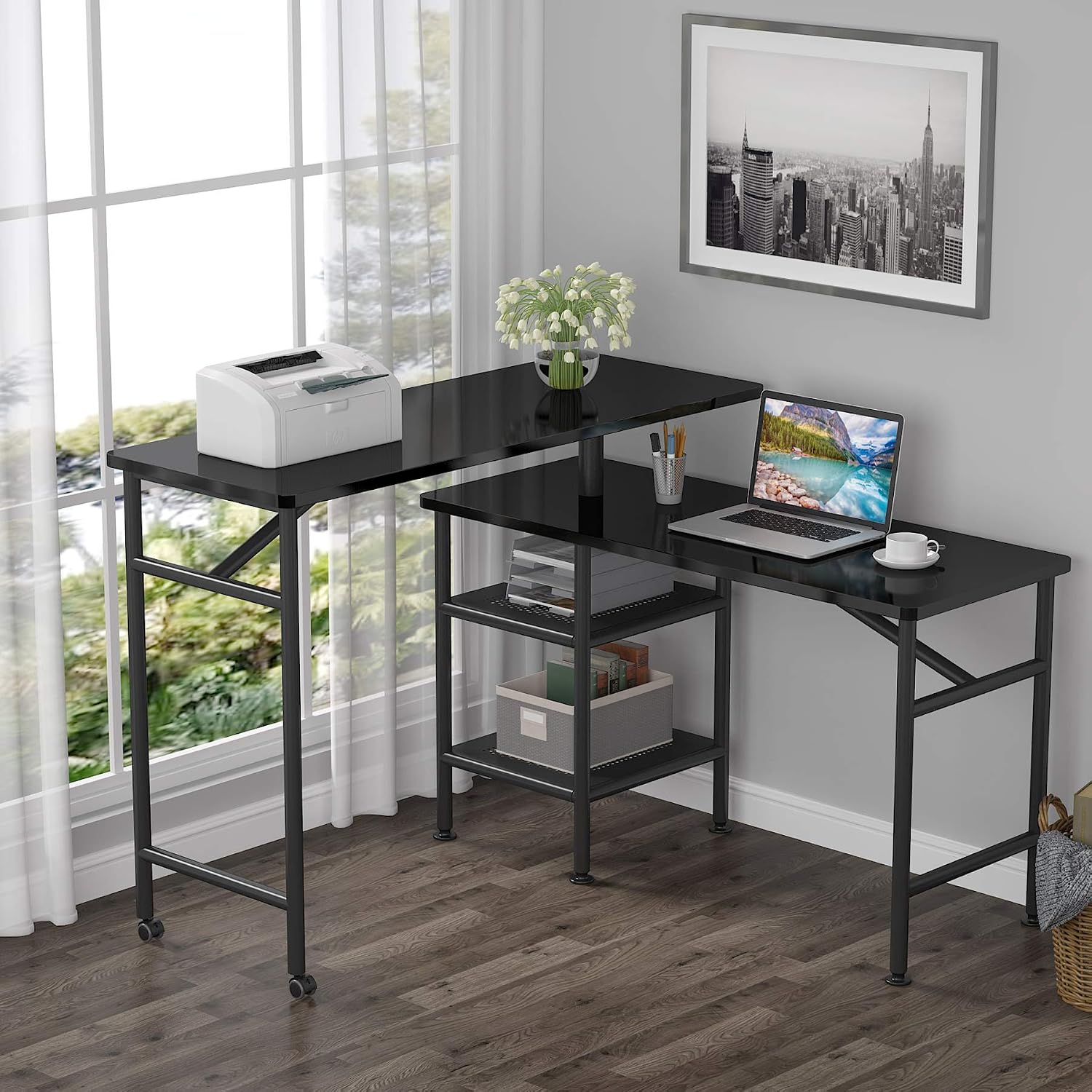 Tribesigns L Shaped Rotating Standing Desk, Industrial 360 Degrees Free Rotating Corner Computer Desk with Storage Shelf, Reversible Rustic Office Desk with Wood Veneer (Glossy Black)