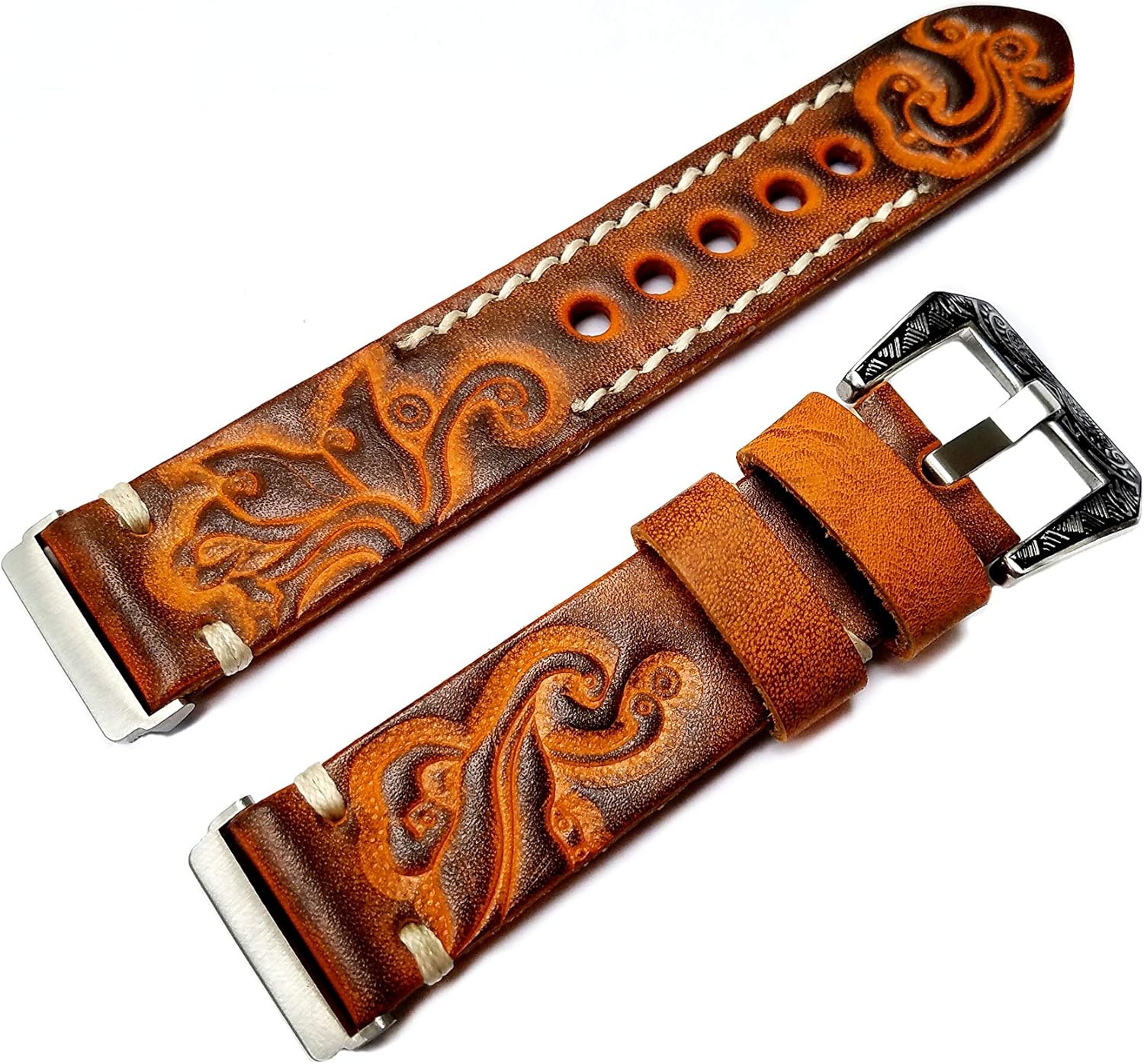 Embossed Brown and Orange Genuine Leather Band Compatible with Fitbit Versa 3 and Sense Smartwatch Luxury Tooled Strap Bracelet